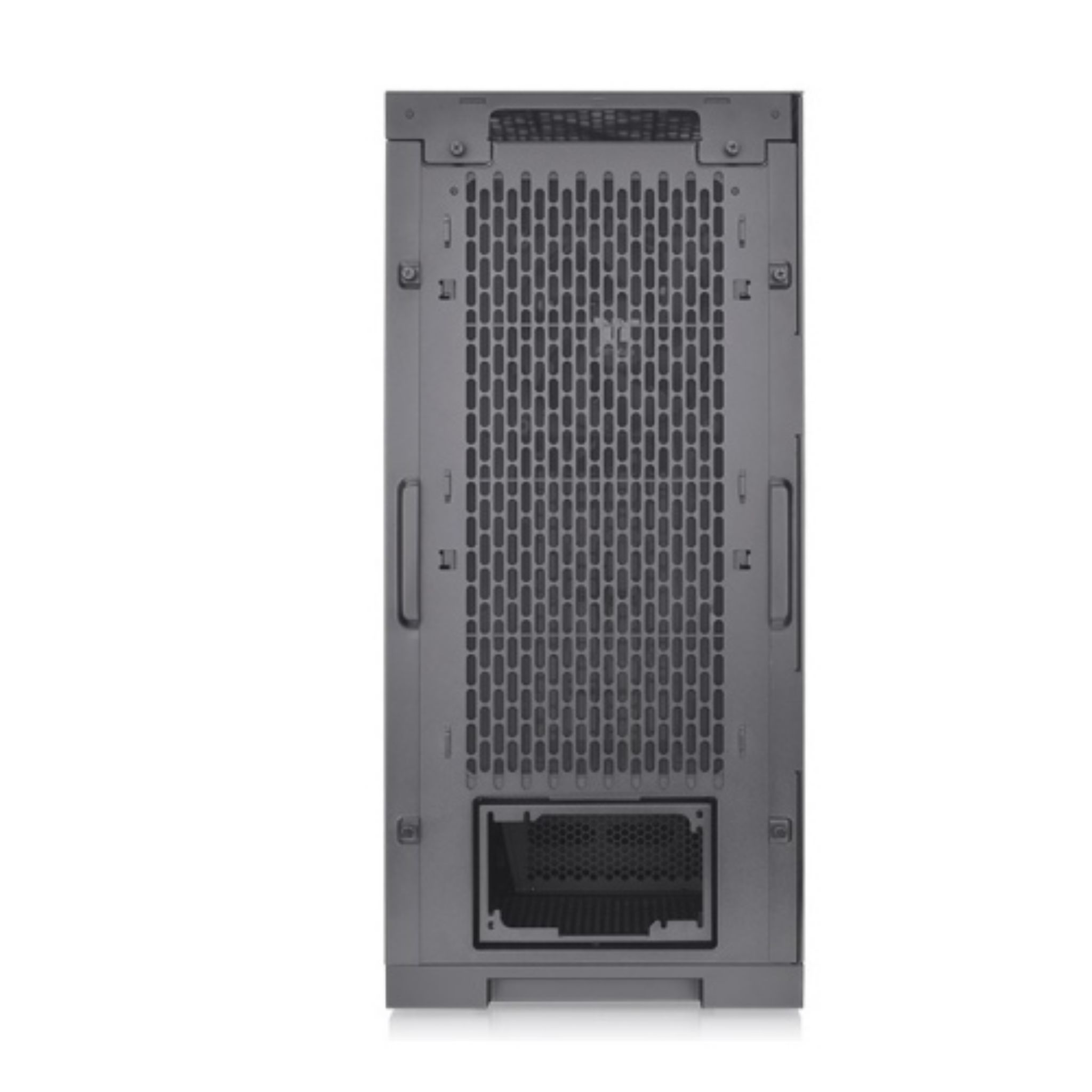Black PC case back, with a mesh panel and various openings.