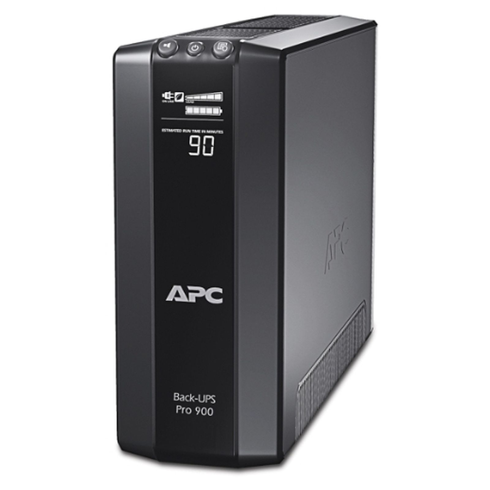 Un APC Back-UPS Pro 900 nero, un dispositivo di backup dell'alimentazione verticale. Ha uno schermo LCD e pulsanti di controllo.