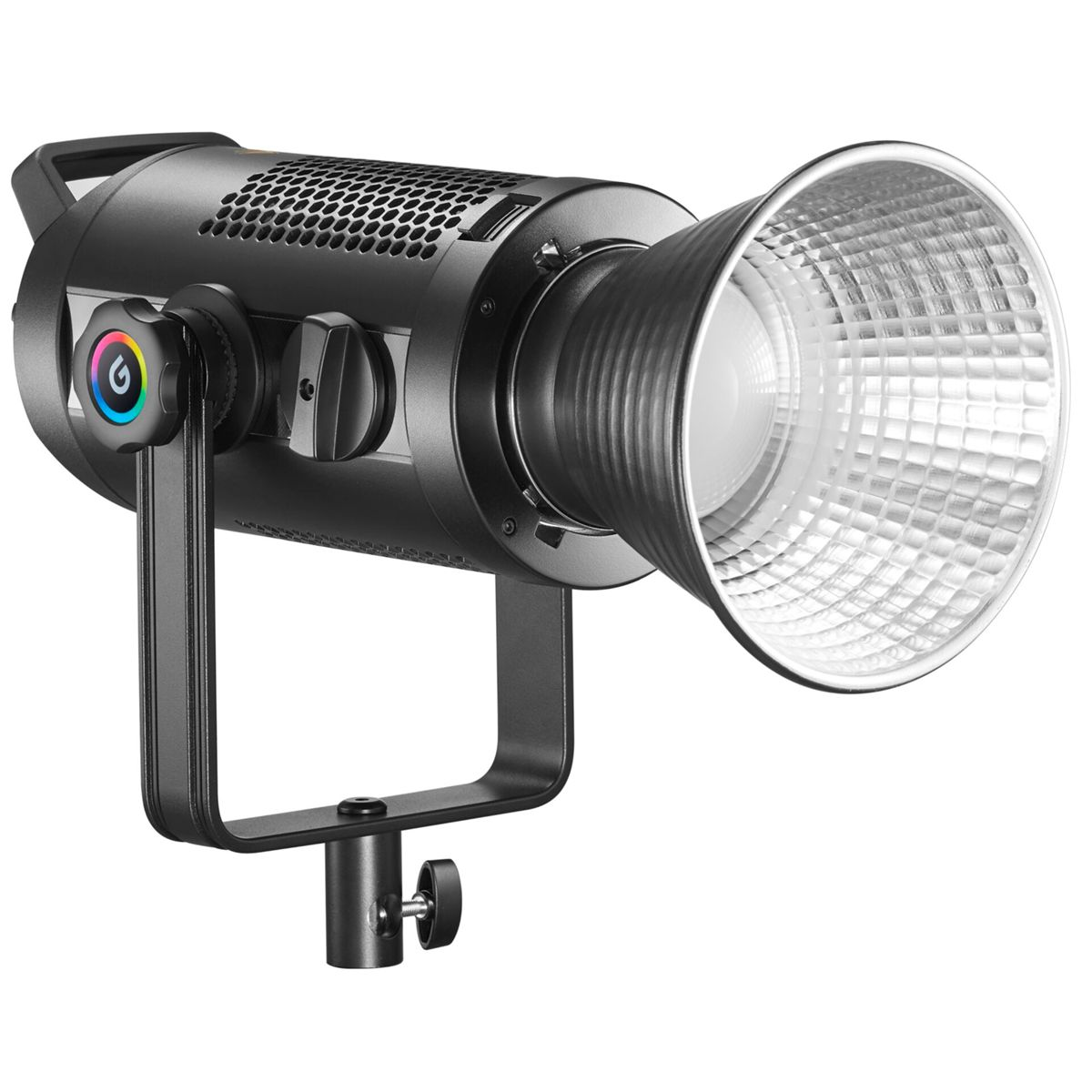 Lumière de studio noire avec un grand réflecteur, montée sur un support.