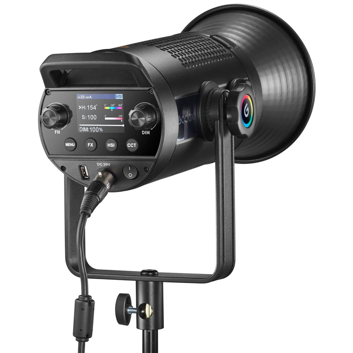 Projecteur de studio noir et gris avec commandes et support.
