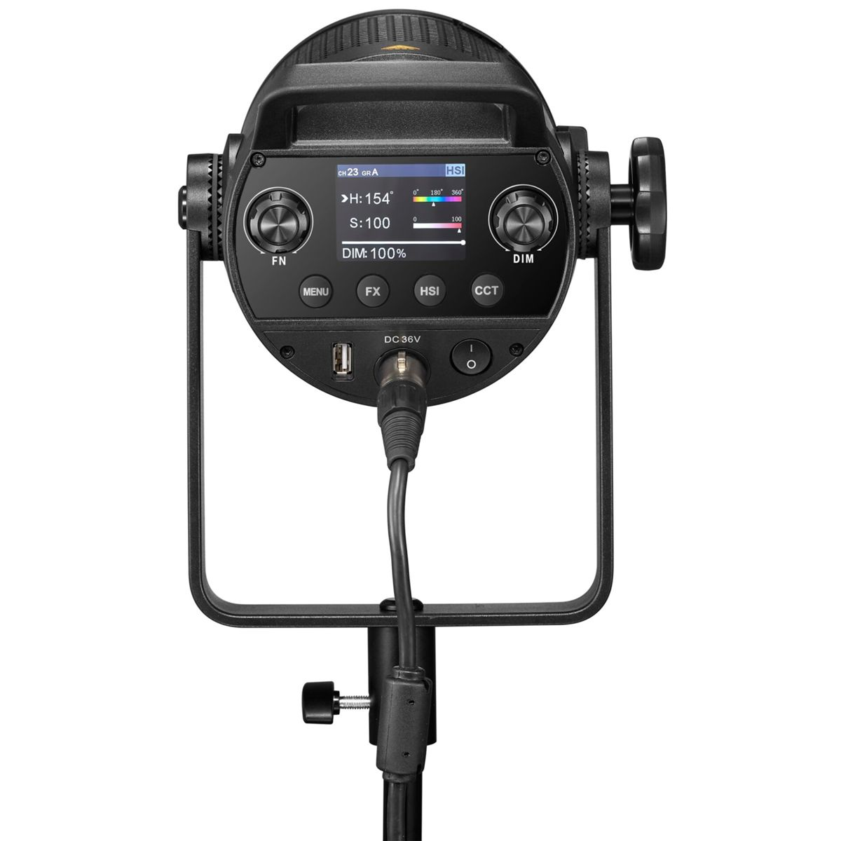 Projecteur de studio noir avec panneau de contrôle, support et cordon d'alimentation. Affiche les réglages. Pour photo pro.