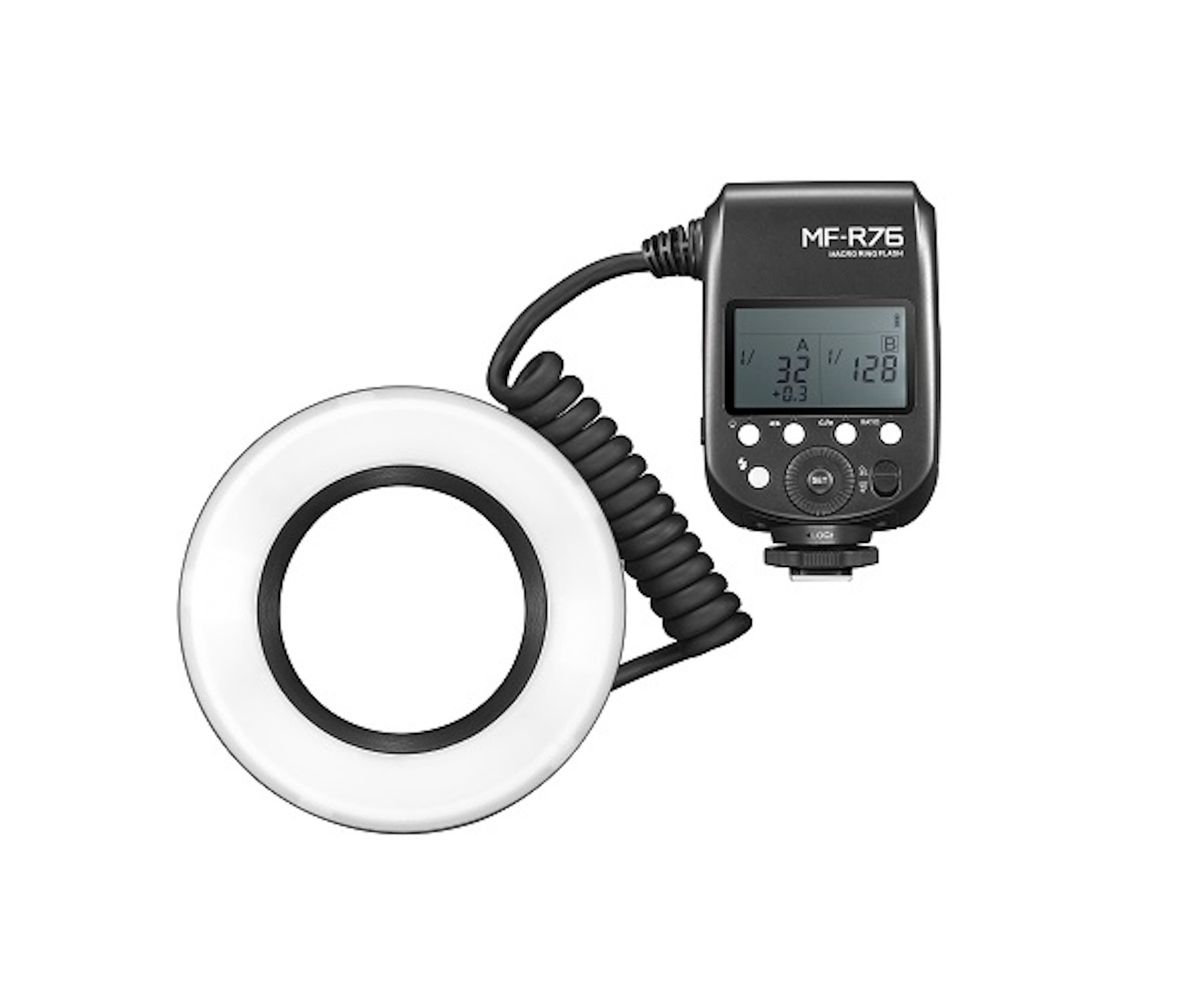 Un flash ad anello macro per fotocamere con luce ad anello bianca e unità di controllo nera.