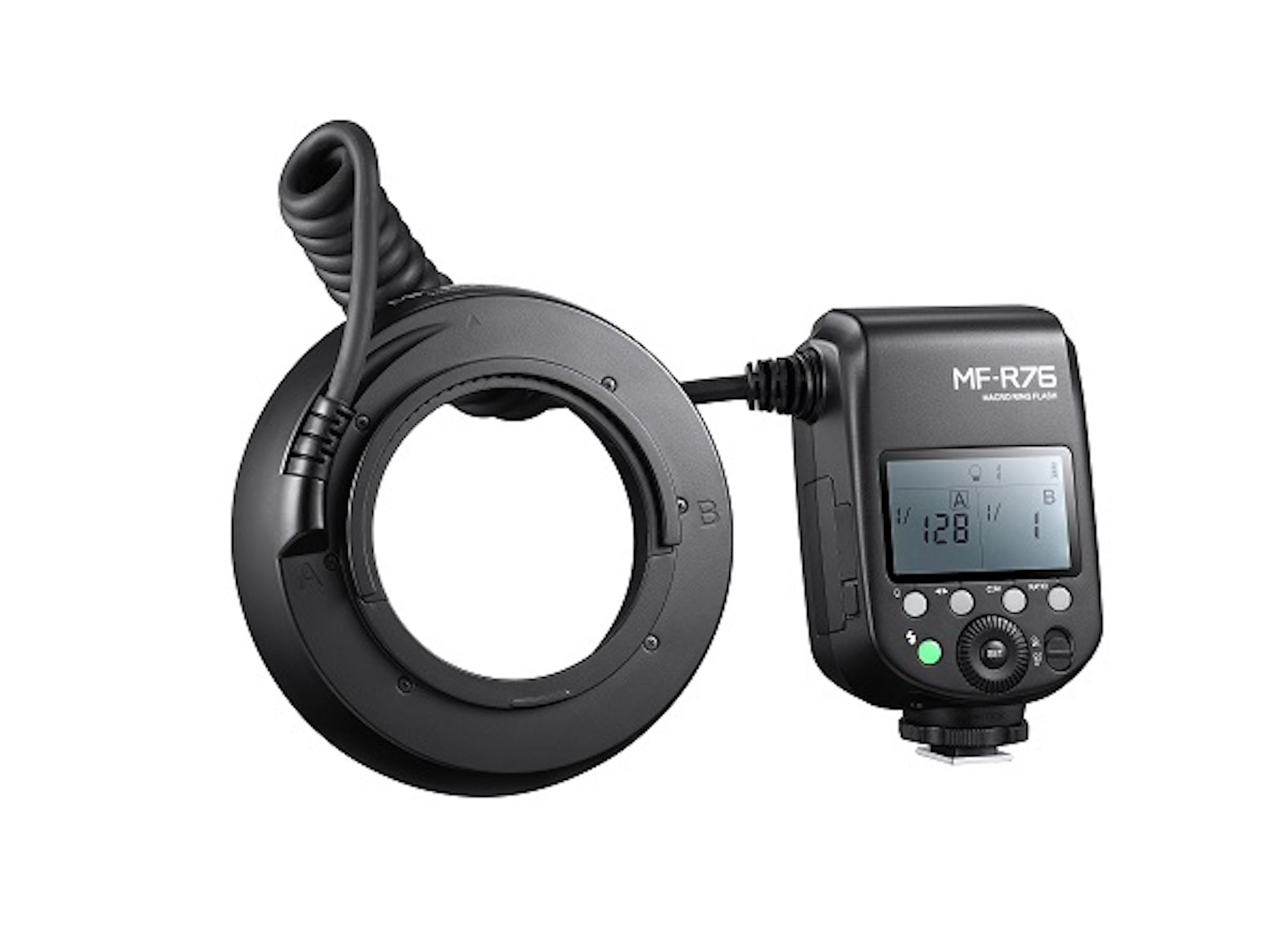 Attrezzatura di illuminazione macro con flash ad anello, nera con display e quadranti.