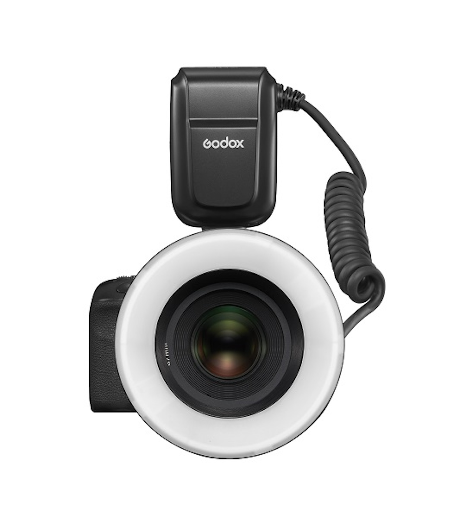 Una luce ad anello nera è collegata a una fotocamera nera con un cavo nero.