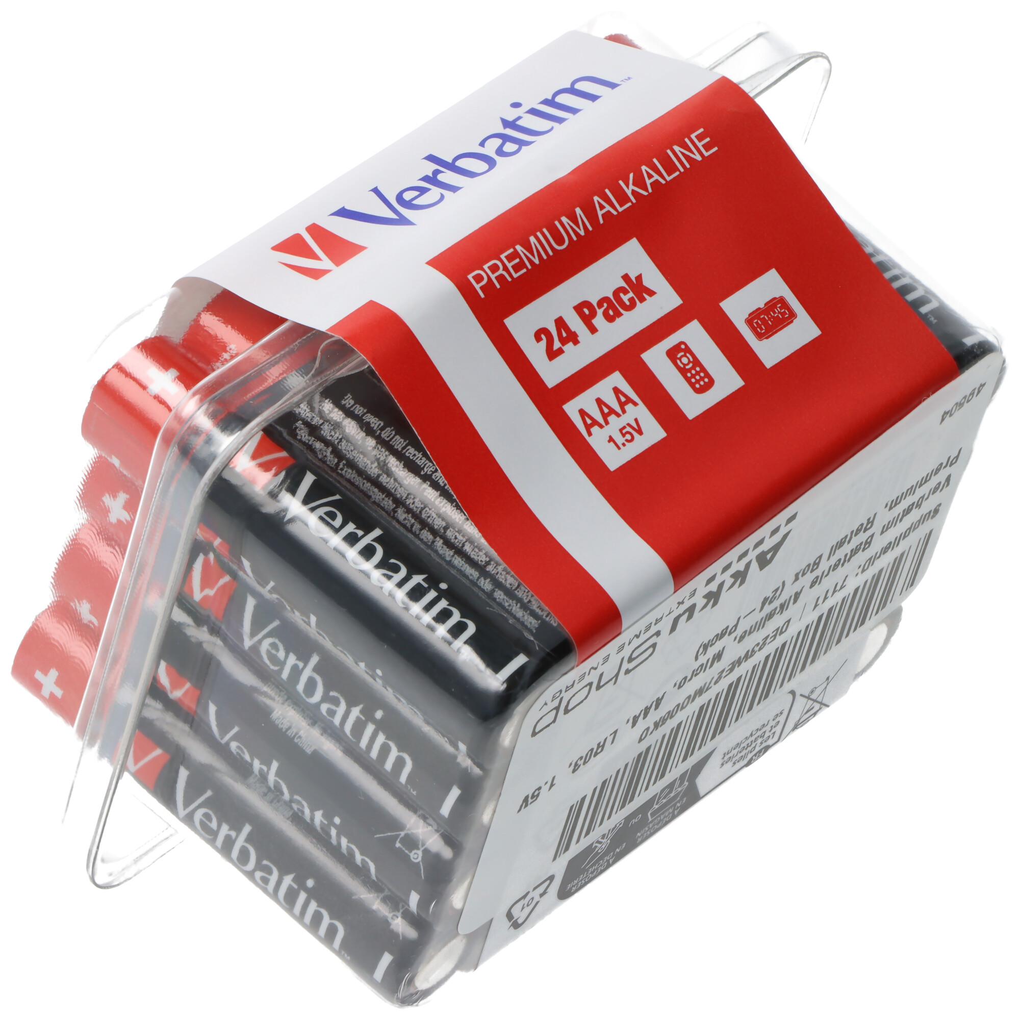 Przezroczysty plastikowy opakowanie 24 baterii AAA z czerwonymi i czarnymi bateriami, z etykietami tekstowymi.