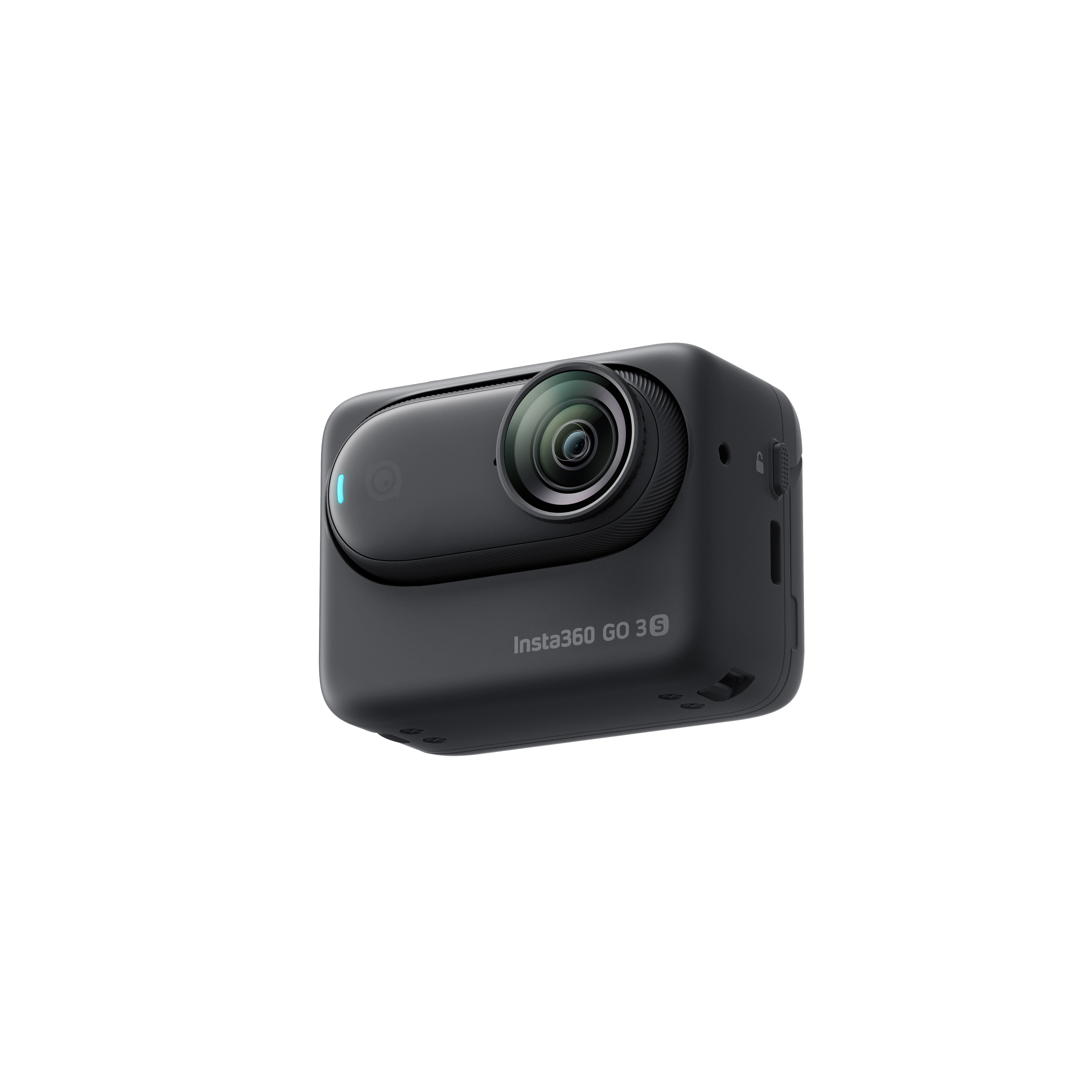 Czarna kamera Insta360 GO 3S na białym tle. Jest mała, kwadratowa i ma obiektyw.