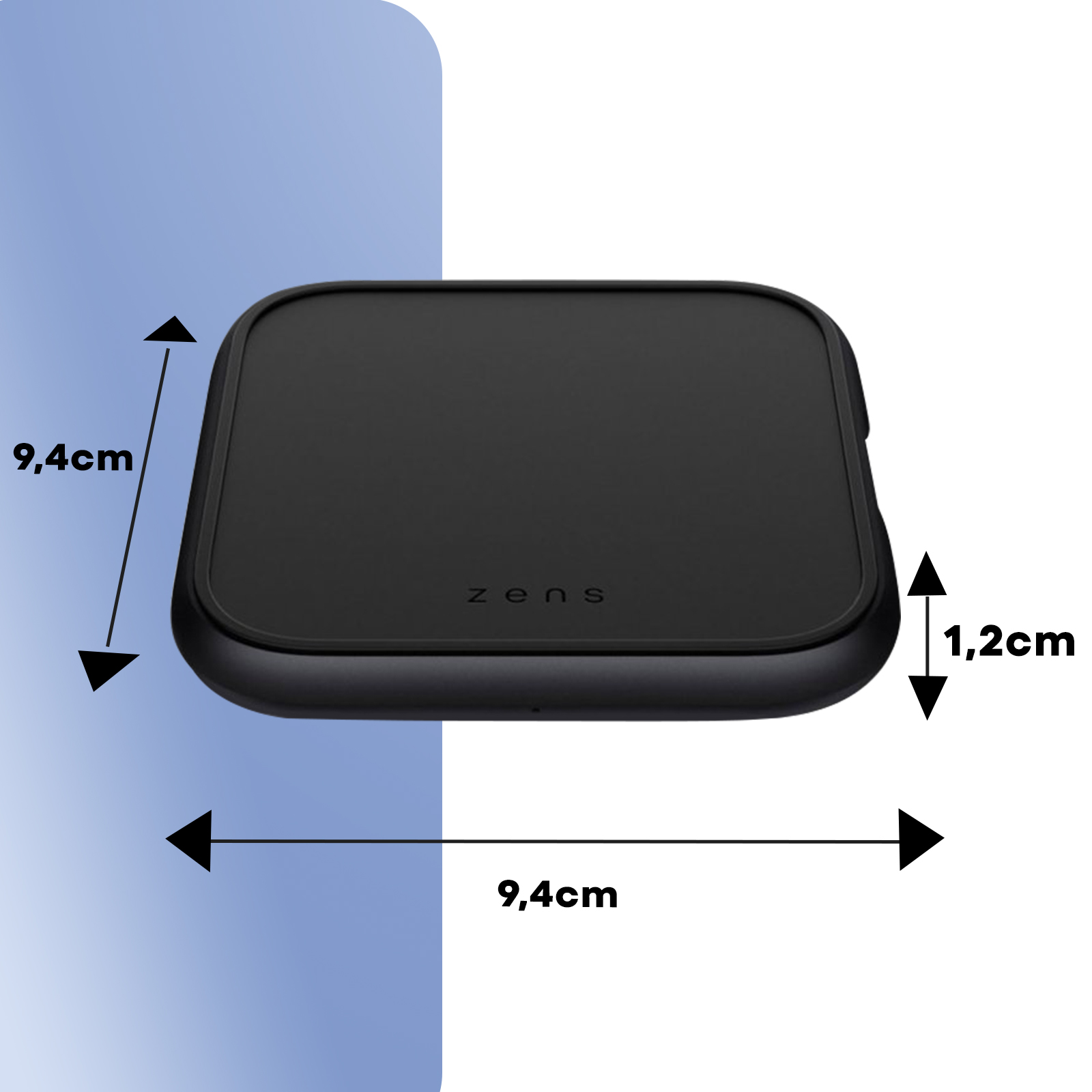 Cargador inalámbrico negro con dimensiones en centímetros sobre fondo azul.