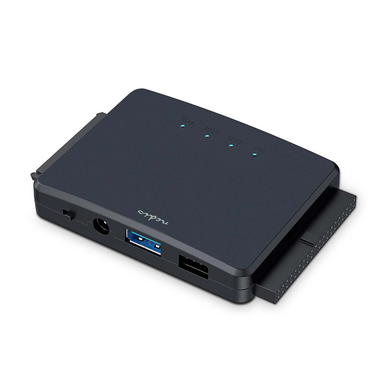 Ein dunkelblaues externes Festplattengehäuse mit USB-Anschluss und SATA-Anschluss.