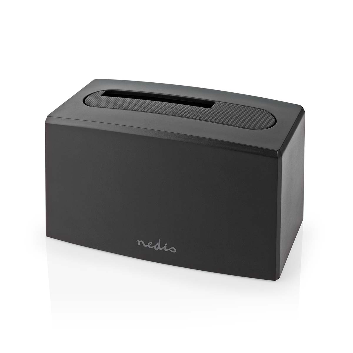 Schwarze Taschentuchbox. Rechteckige Form mit einem Schlitz oben. Isoliert auf weißem Hintergrund.