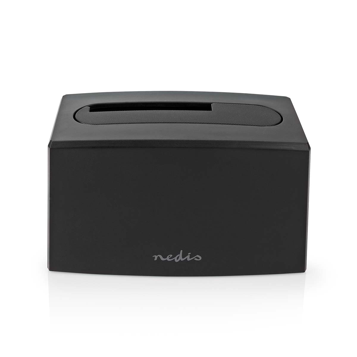 Eine schwarze, rechteckige Taschentuchbox mit dem Wort 'nedis' auf der Vorderseite, weißer Hintergrund.