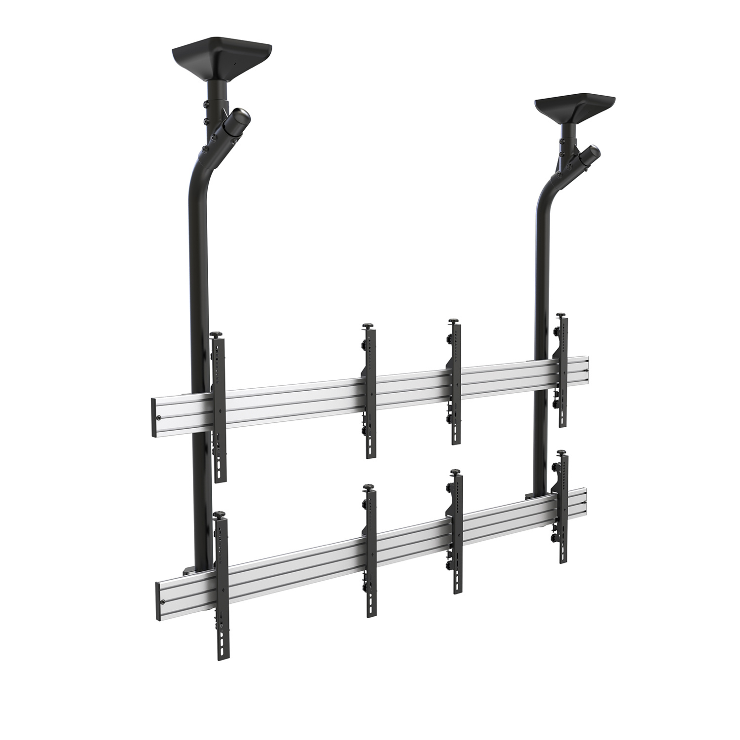 Soporte de techo con dos soportes negros y barras plateadas. Fondo blanco.