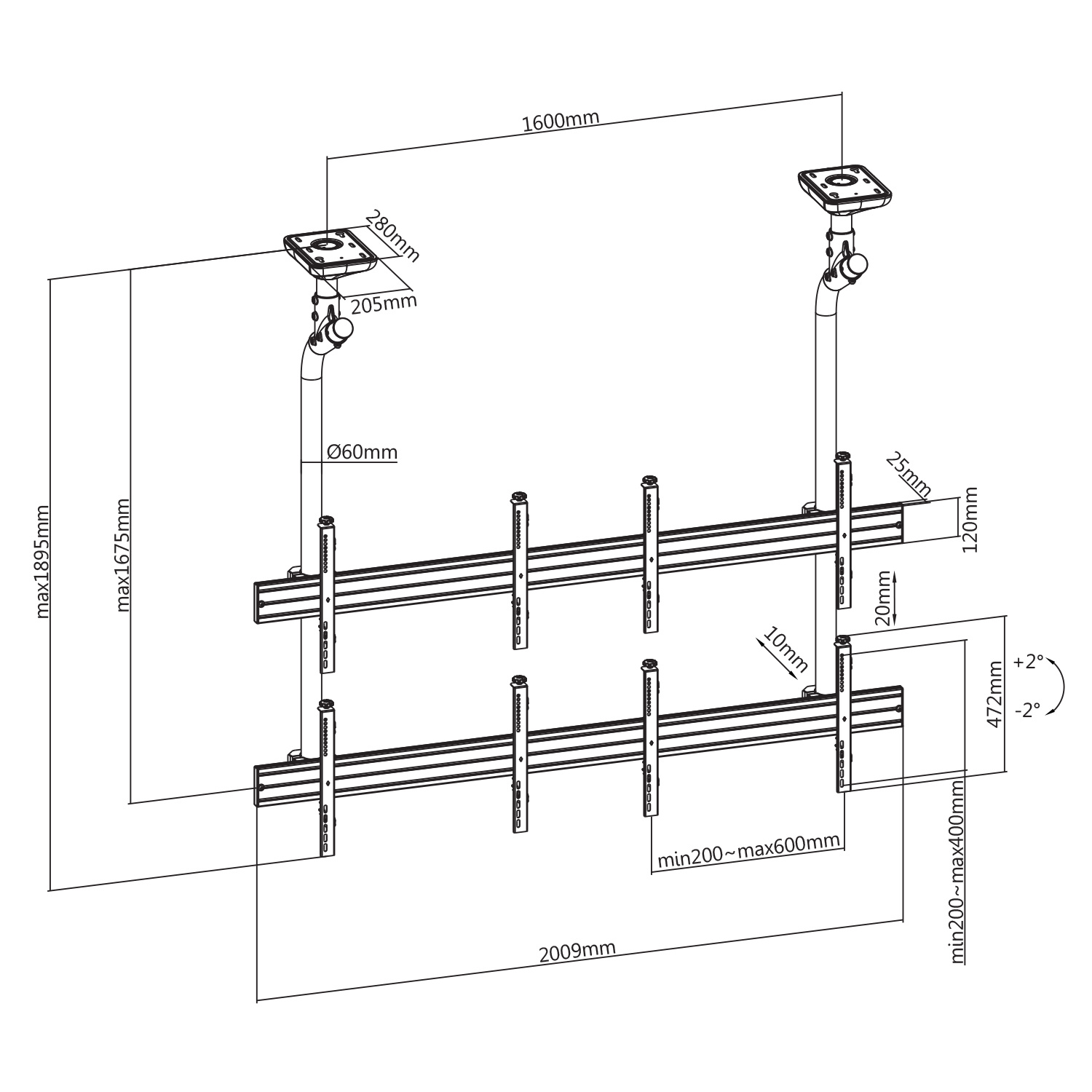 Diagrama de una estructura montada en el techo para colgar pantallas, con dimensiones y medidas detalladas.