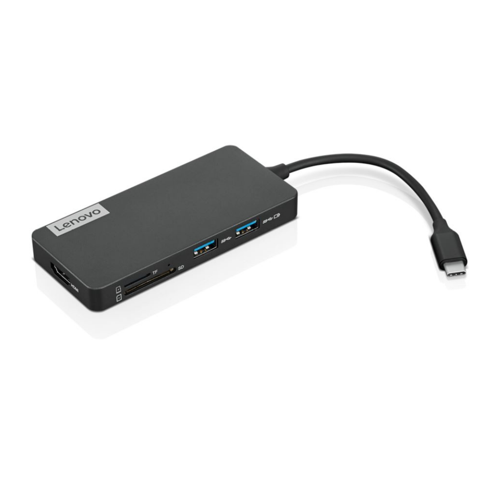 Schwarzer Lenovo-Hub mit mehreren Anschlüssen. HDMI, USB und SD-Kartensteckplätze. Weißer Hintergrund.