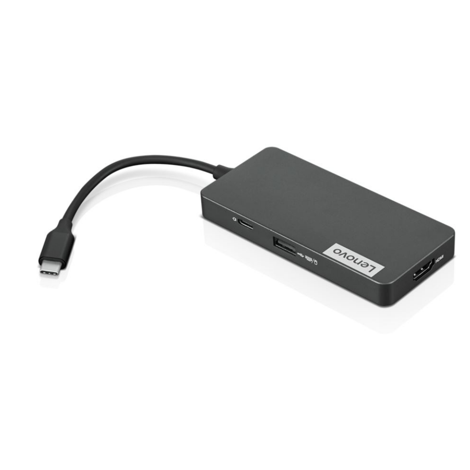 Grauer Lenovo USB-C-Hub, mit Kabel verbunden und mit verschiedenen Anschlüssen.