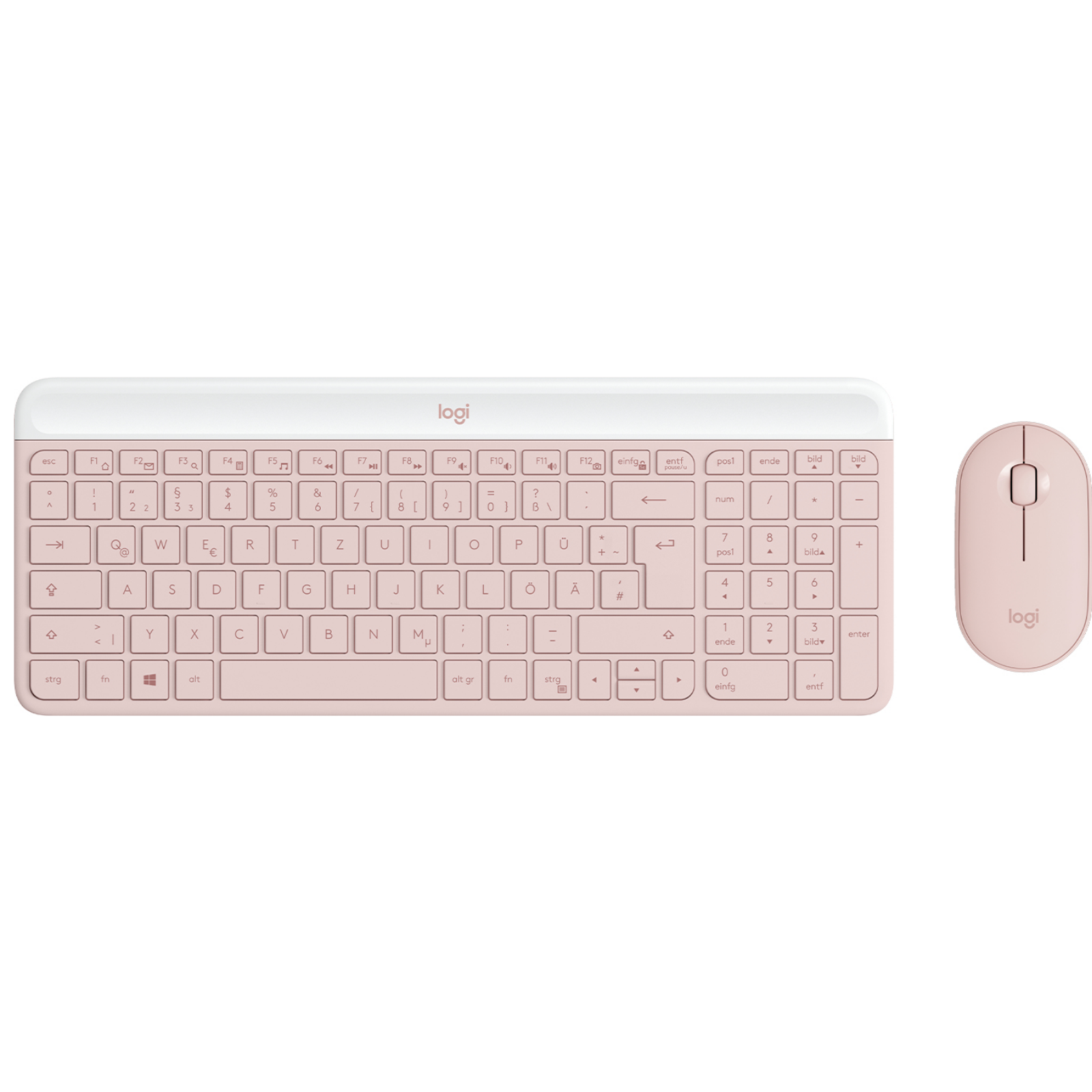 Różowy zestaw klawiatury i myszy na białej powierzchni.