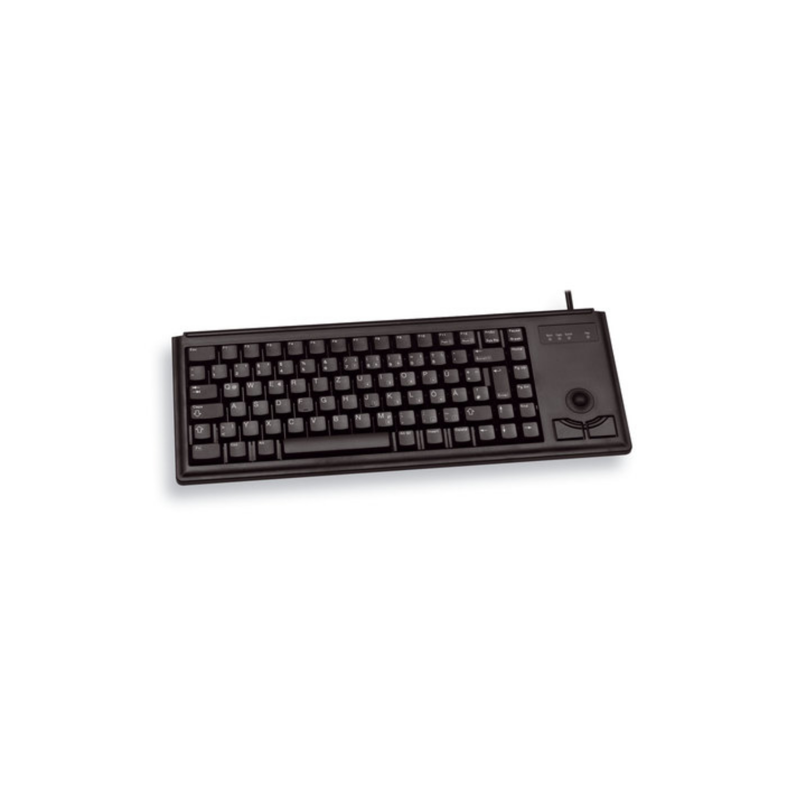 Zwart toetsenbord met toetsen, een trackball en een kabel. Witte achtergrond.
