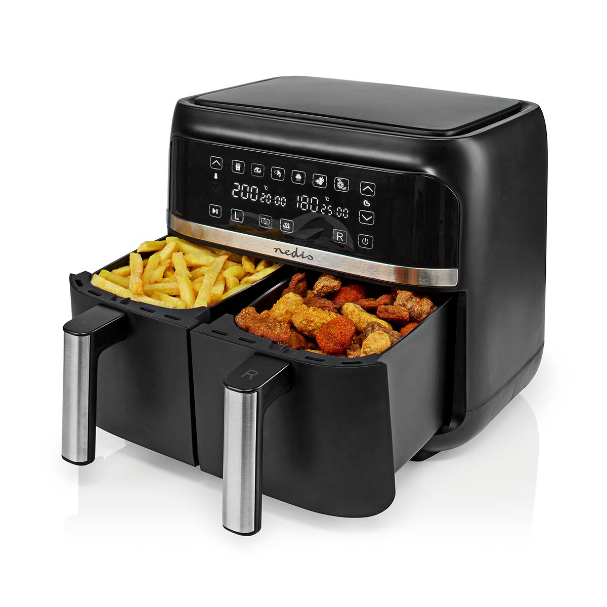 Friggitrice ad aria nera con due cestelli, uno con patatine, l'altro con pollo. Display digitale in alto.
