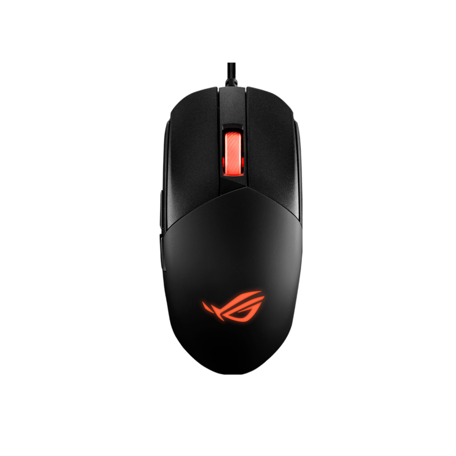 Czarna mysz gamingowa z podświetlonym na czerwono logo i kółkiem przewijania. Izolowana na białym tle.