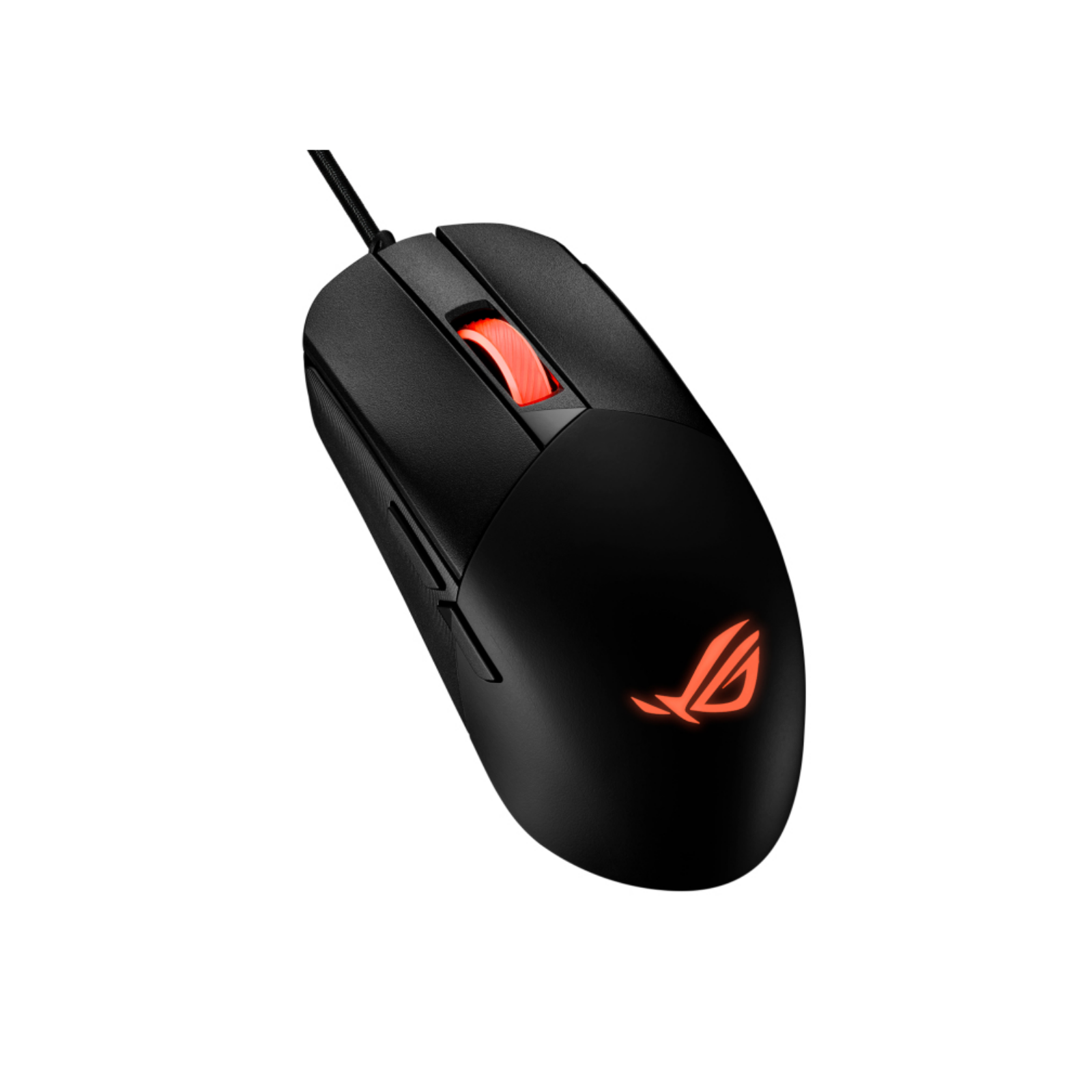 Czarna mysz z czerwonym logo ROG i kółkiem przewijania. Widok z boku na białym tle.