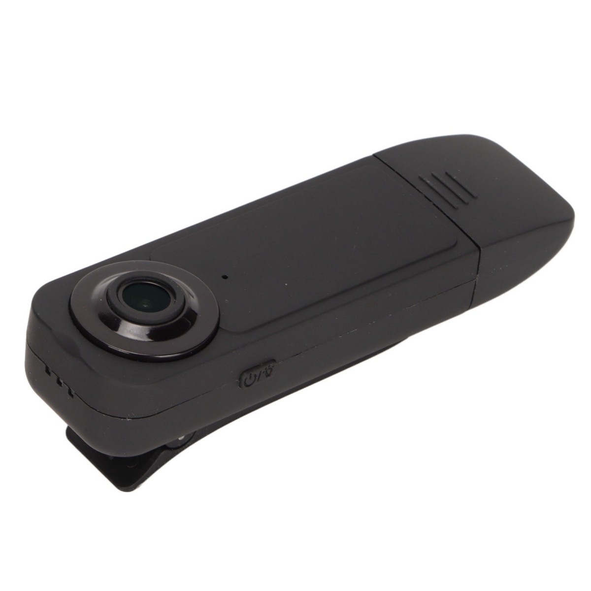 Schwarze Mini-Kamera mit Objektiv und Clip. Es ist ein kleines, tragbares Gerät.