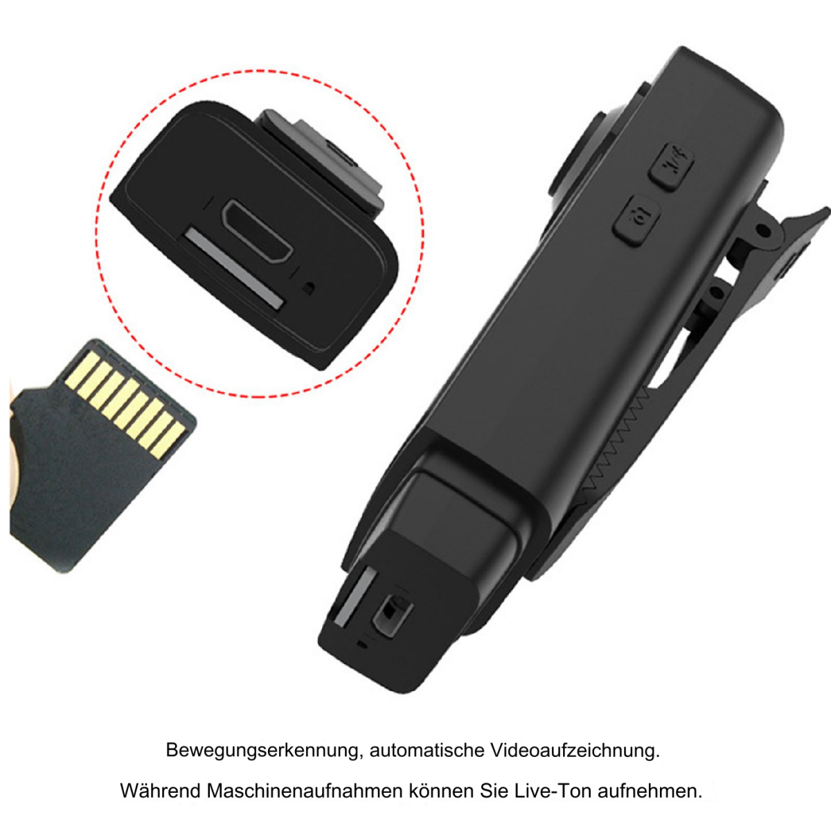 Schwarzer Mini-Videorekorder mit Clip und Micro-SD-Karte.