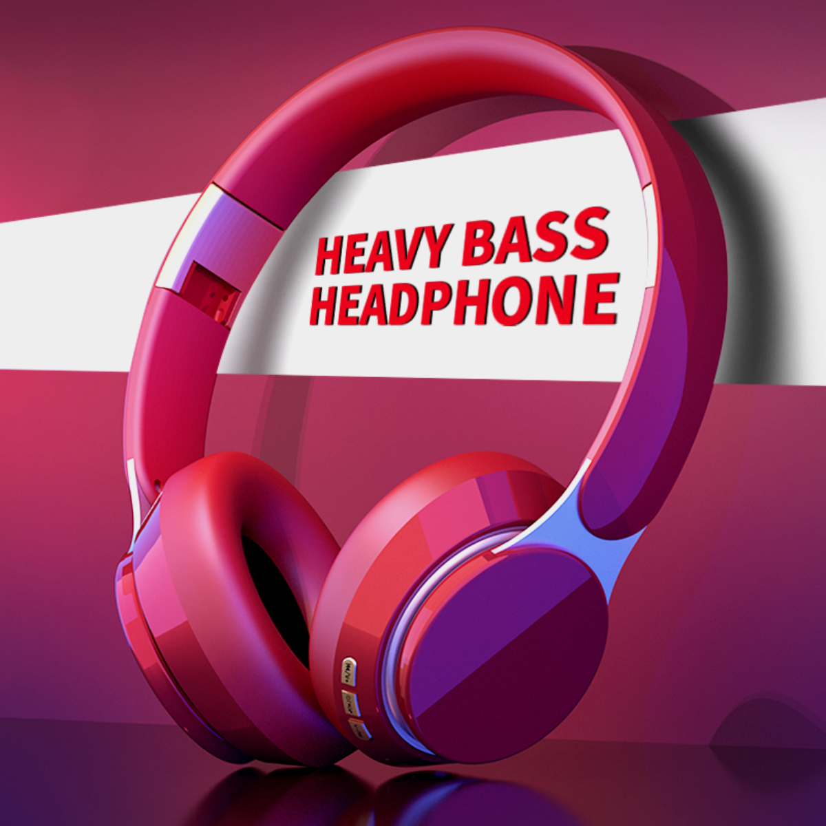 Rote Kopfhörer mit dem Text 'HEAVY BASS HEADPHONE' auf einem Farbverlauf-Hintergrund.