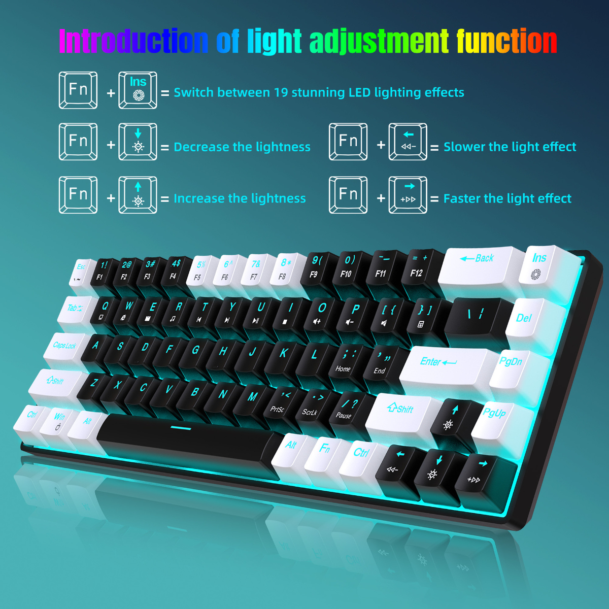 Tastatur mit Beleuchtungseinstellungsanweisungen. Fn-Tasten und Symbole für Lichteffekte. Schwarz-weiße Tastatur.