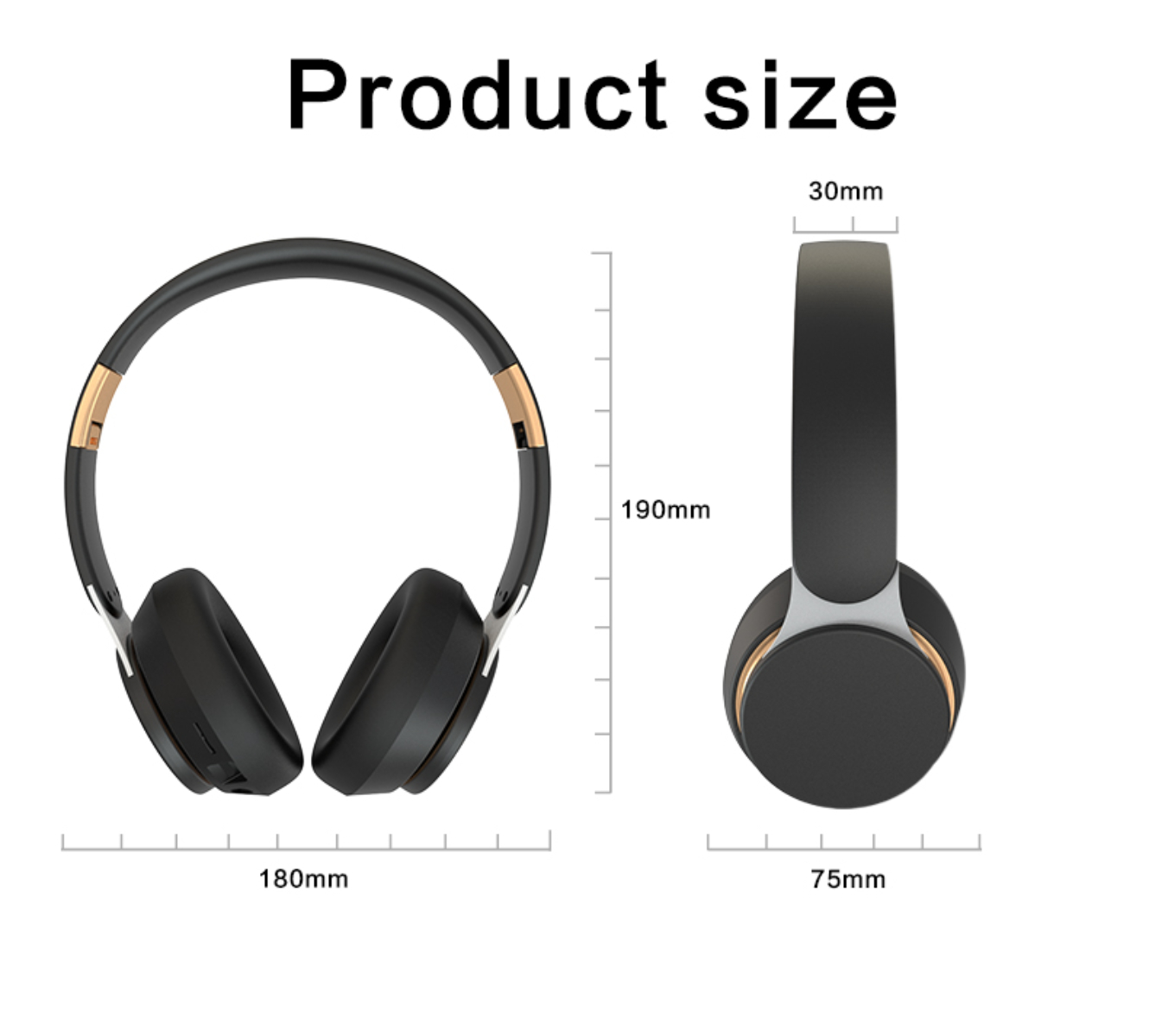 Kopfhörer mit Produktgrößenmaßen: 180mm x 190mm und 75mm x 30mm in Schwarz und Gold.