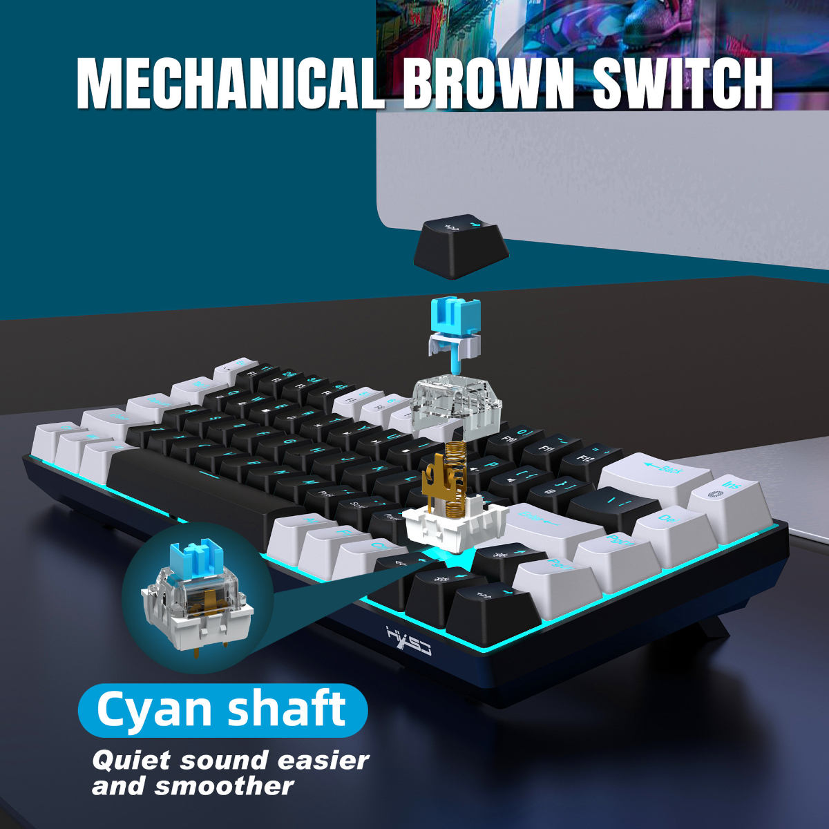 Mechanische Tastatur mit weißen und schwarzen Tasten, cyanfarbener Schaft. Nahaufnahme des Keyboard-Elements.