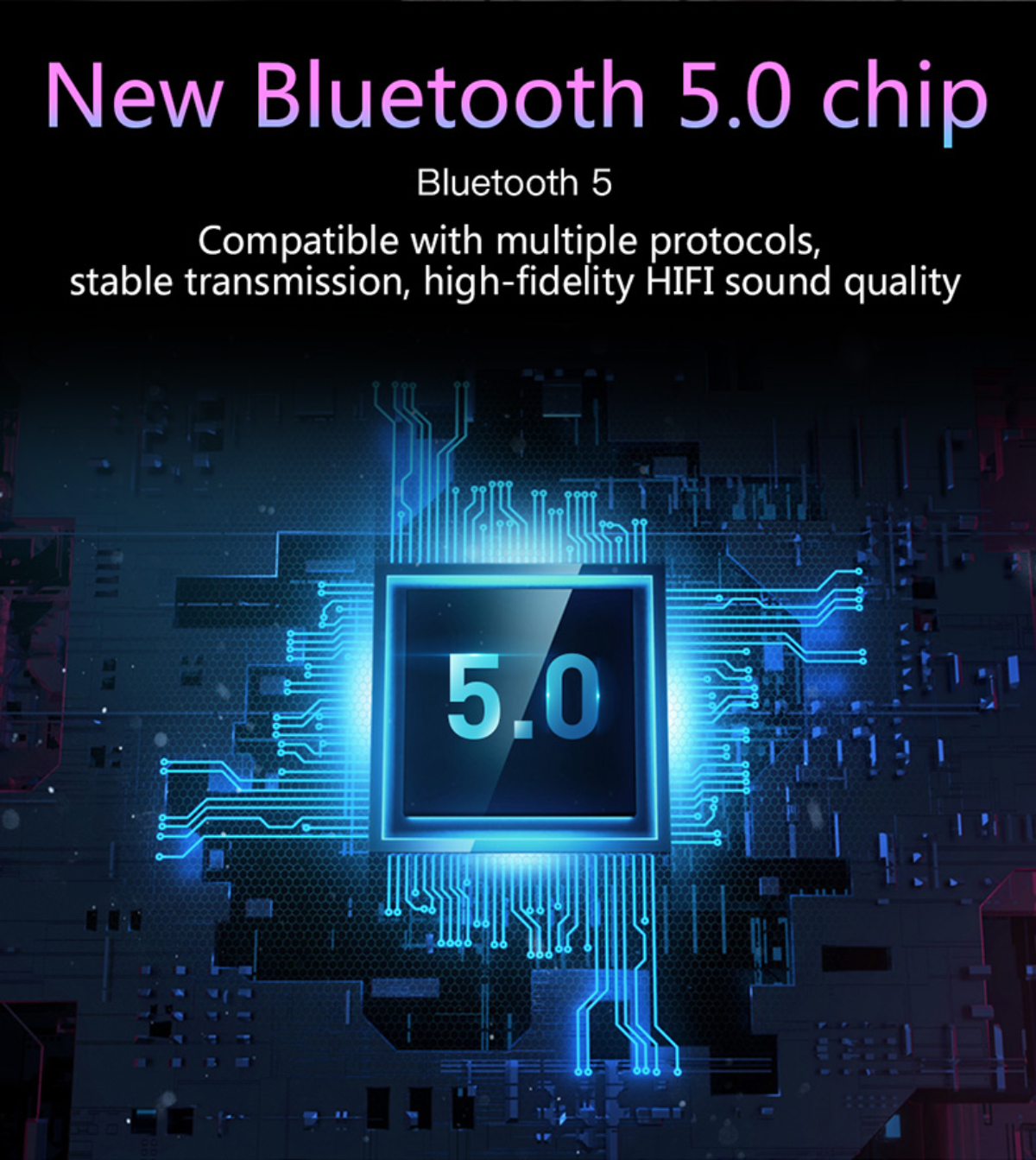 Blaue und violette Leiterplatte mit blauem 5.0-Logo. Text: Neuer Bluetooth 5.0-Chip.
