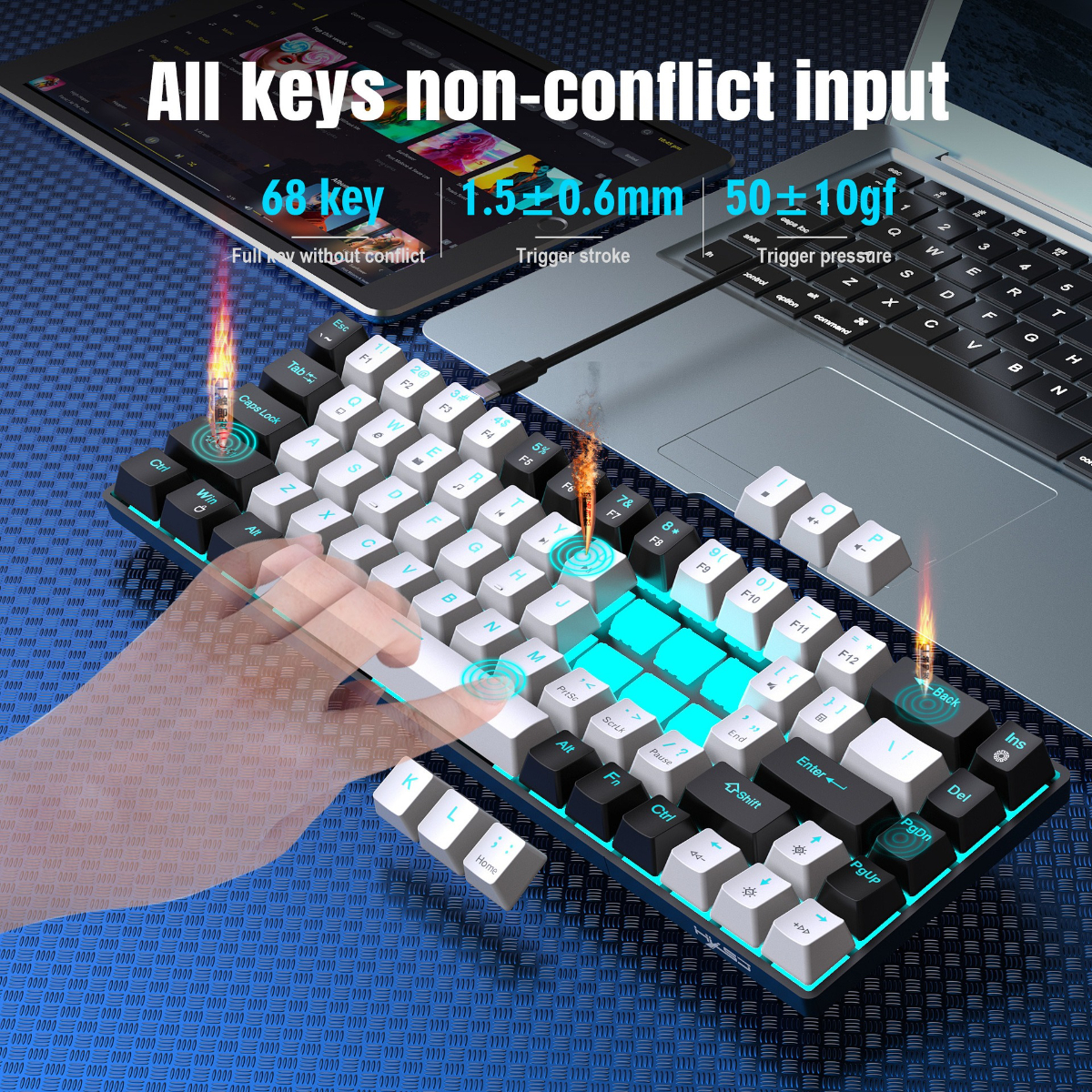 Eine Hand, die eine Tastatur mit einem Tablet verwendet, mit leuchtenden Tasten.