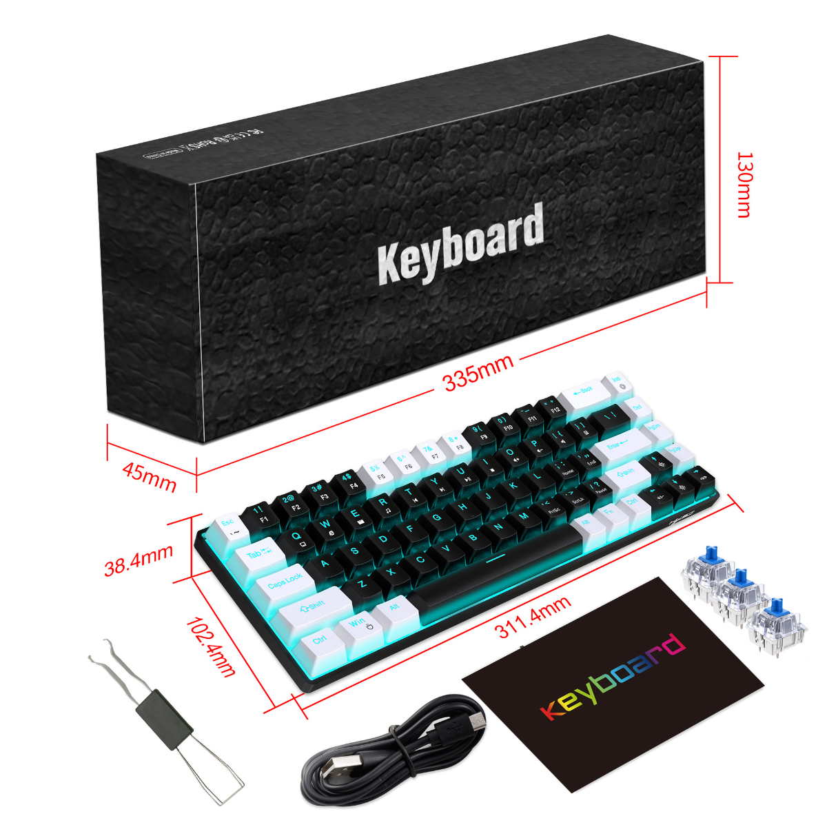 Schwarze Tastaturbox und weiße Tastatur mit Abmessungen.