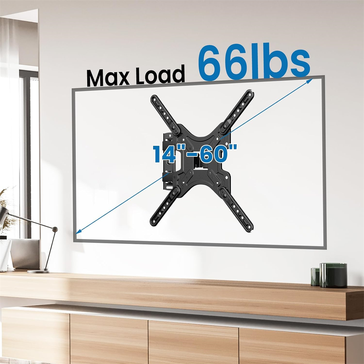 TV-Wandhalterung, an weißer Wand montiert. Max. Belastung 66 lbs, 14"-60".