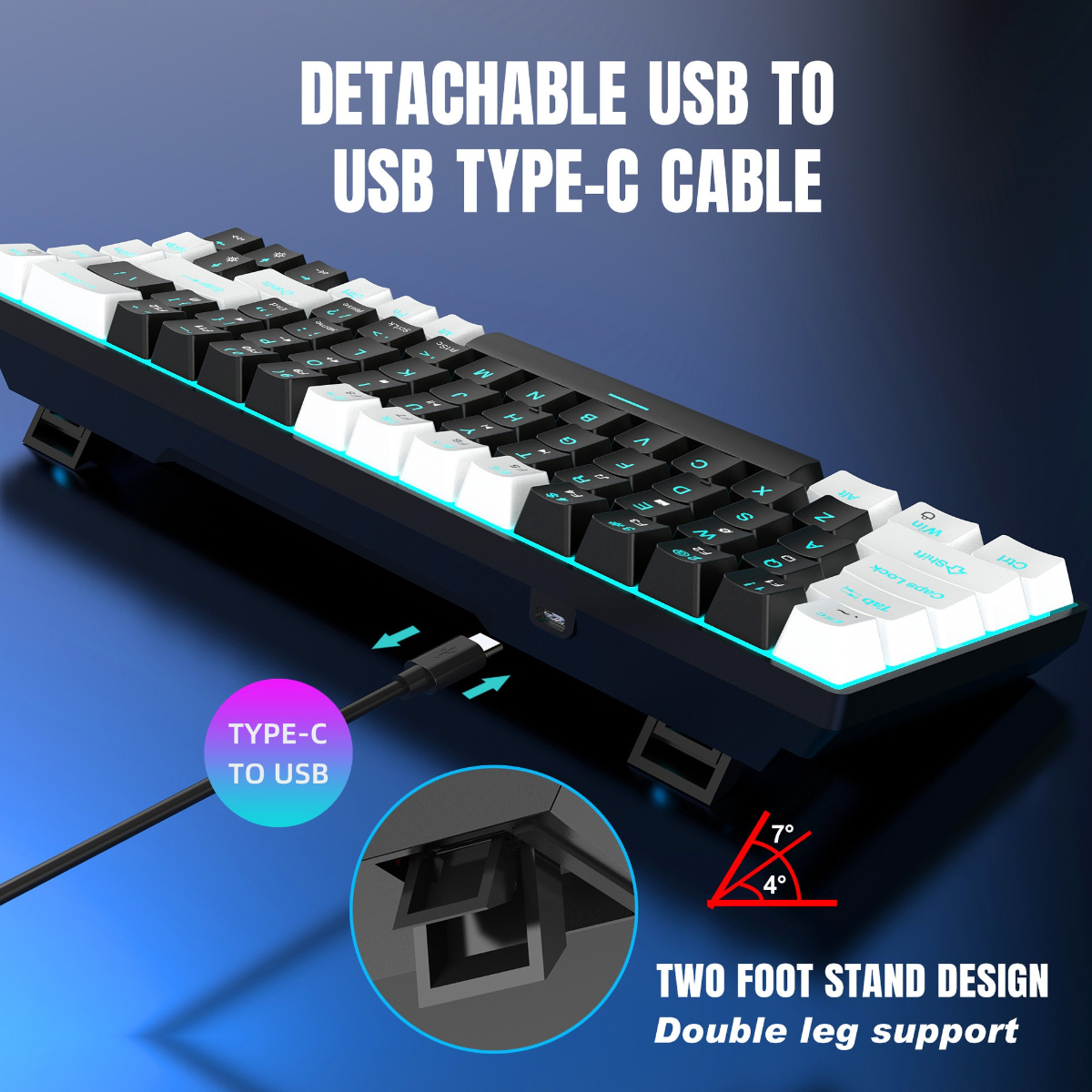 Schwarze und weiße Tastatur mit abnehmbarem USB-C-Kabel, verfügt über ein Zwei-Fuß-Ständer-Design.