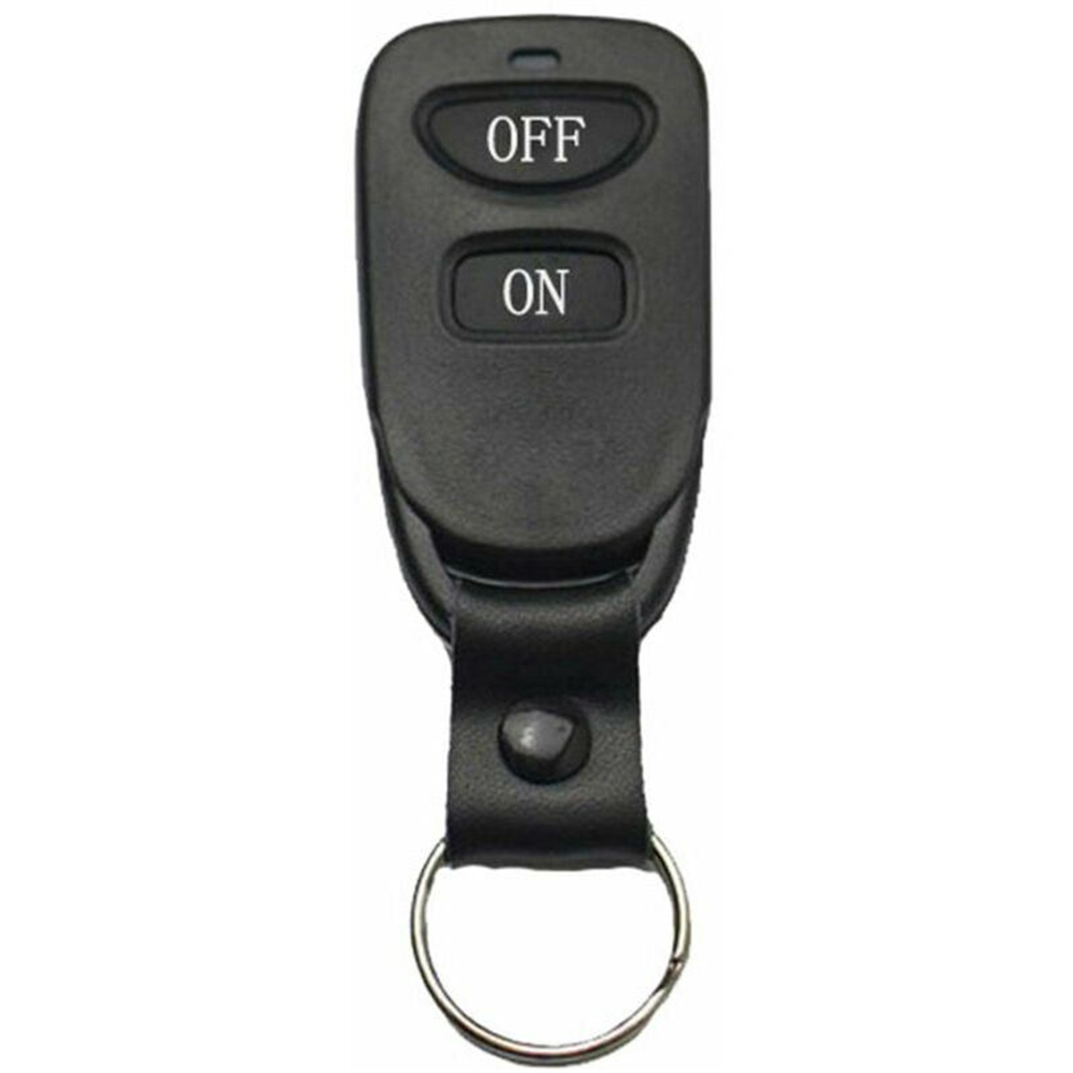 Schwarze Fernbedienung mit 'OFF'- und 'ON'-Tasten und einer Schlüsselringschlaufe.