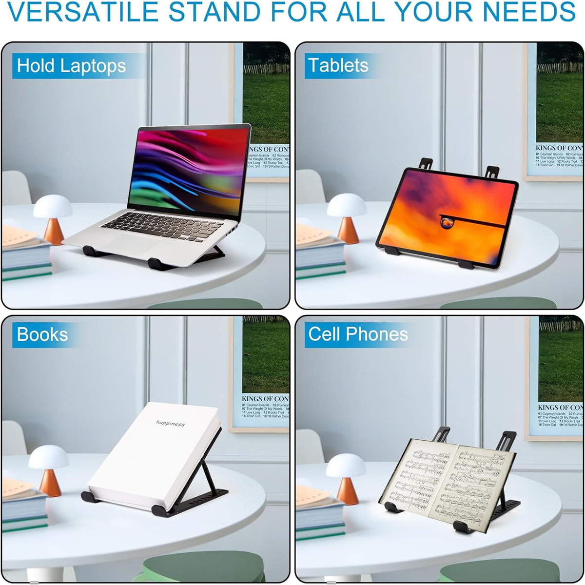 Ein vielseitiger Ständer, der einen Laptop, ein Tablet, Bücher und ein Mobiltelefon hält, auf einem weißen Tisch.