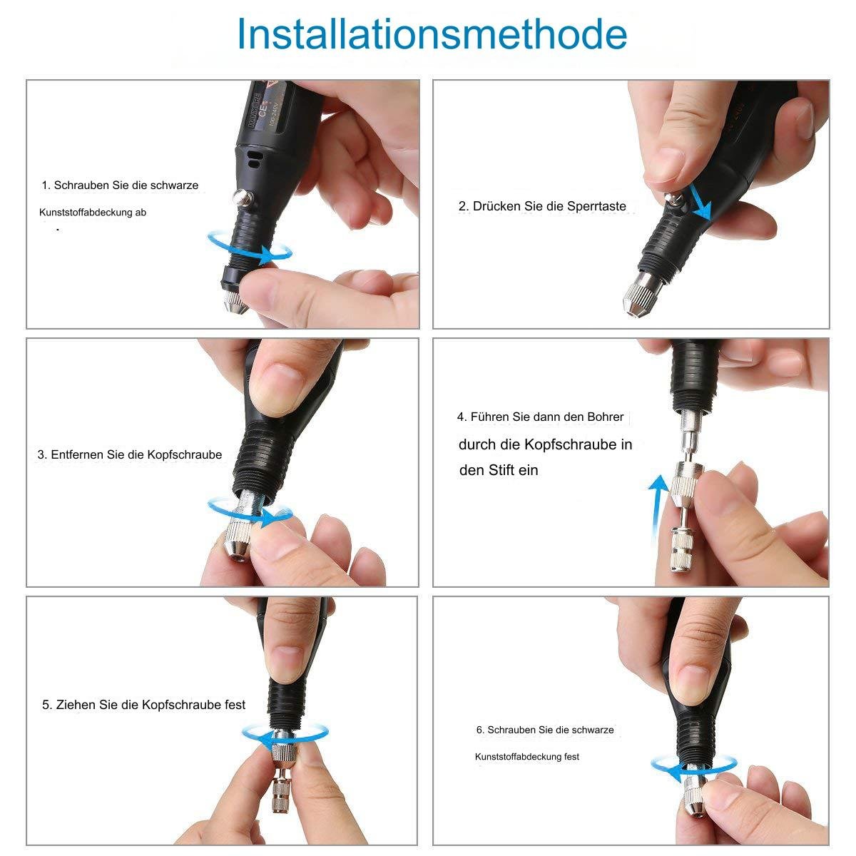 Schritt-für-Schritt-Anleitung für eine Installation. Hände werden mit Werkzeugen gezeigt.