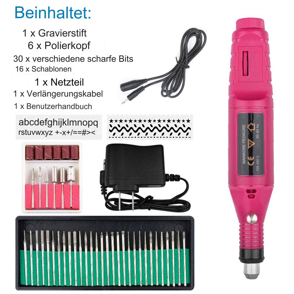 Verschiedene Maniküre-Werkzeuge, darunter ein rosa Bohrer, Bits und Netzteil, werden gezeigt.
