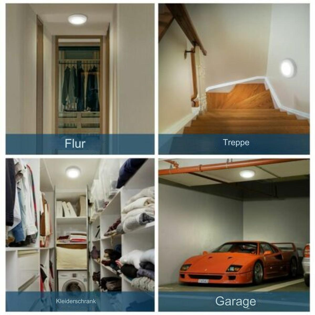 Vier Bilder mit Räumen: Flur, Treppe, Schrank und Garage mit Auto. Weiße Deckenleuchten.