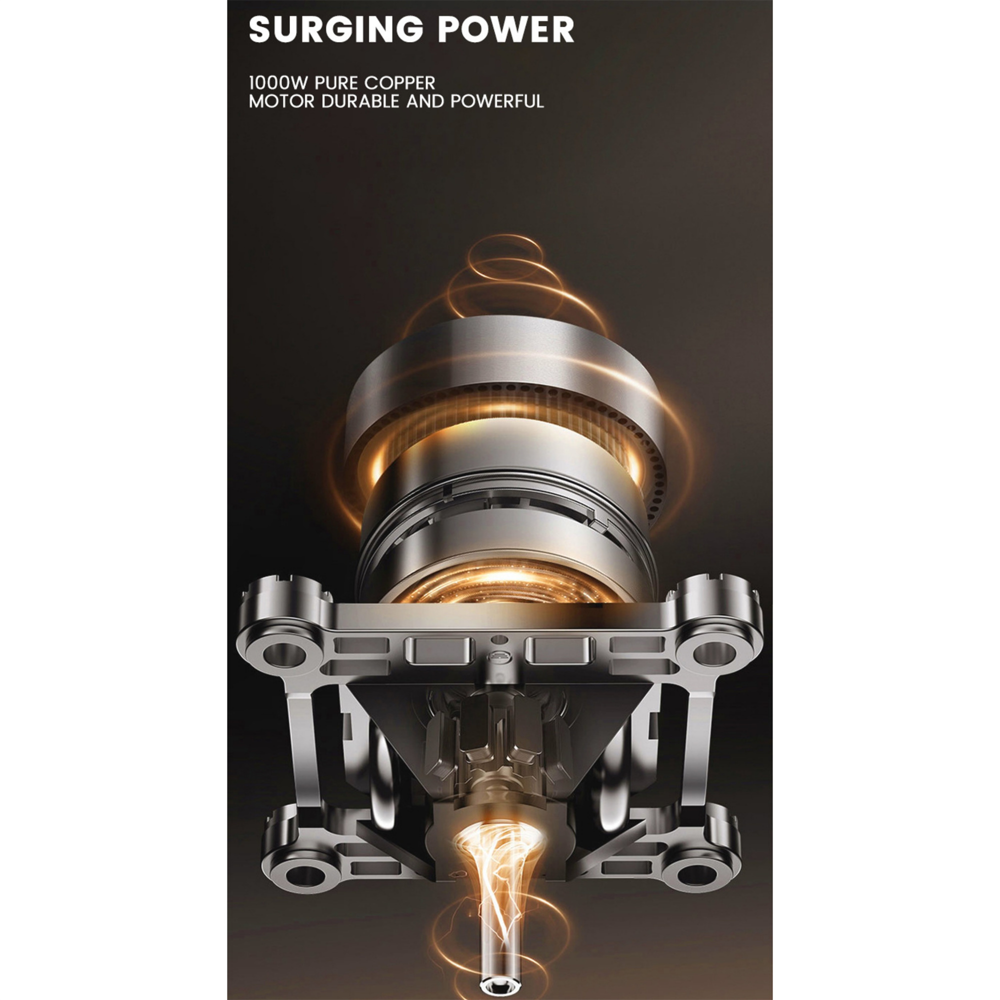 Motordetail. Silber und Schwarz. Text "Surging Power". Dunkler Hintergrund.