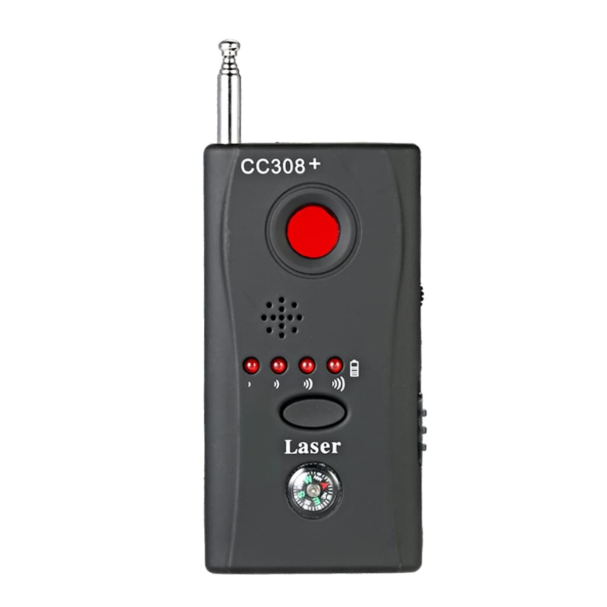 Ein schwarzer Detektor mit rotem Knopf, Antenne und mehreren Lichtern. Beschriftet mit "CC308+" und "Laser".