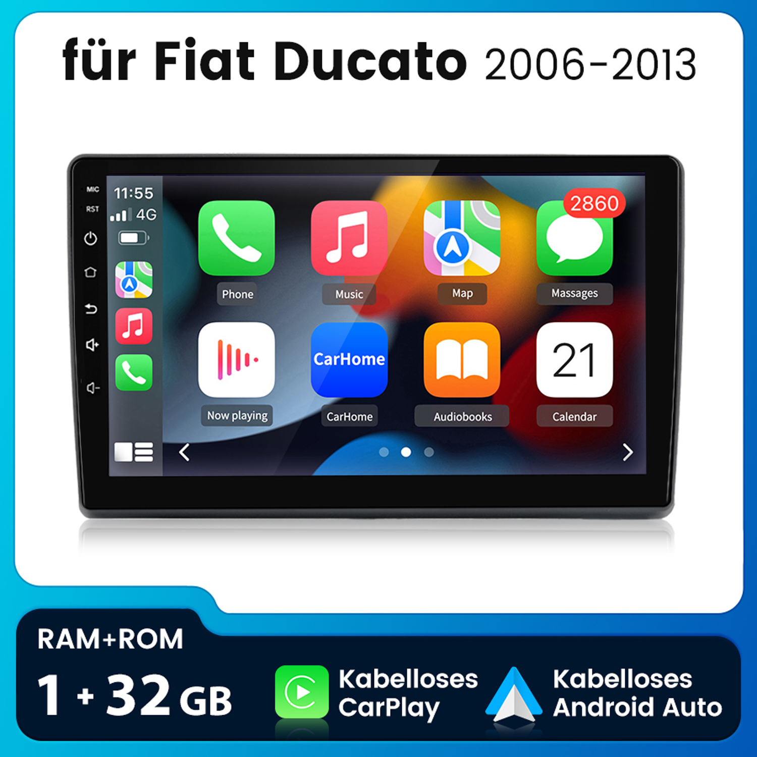Autoradio-Bildschirm zeigt Apps, Text: für Fiat Ducato.