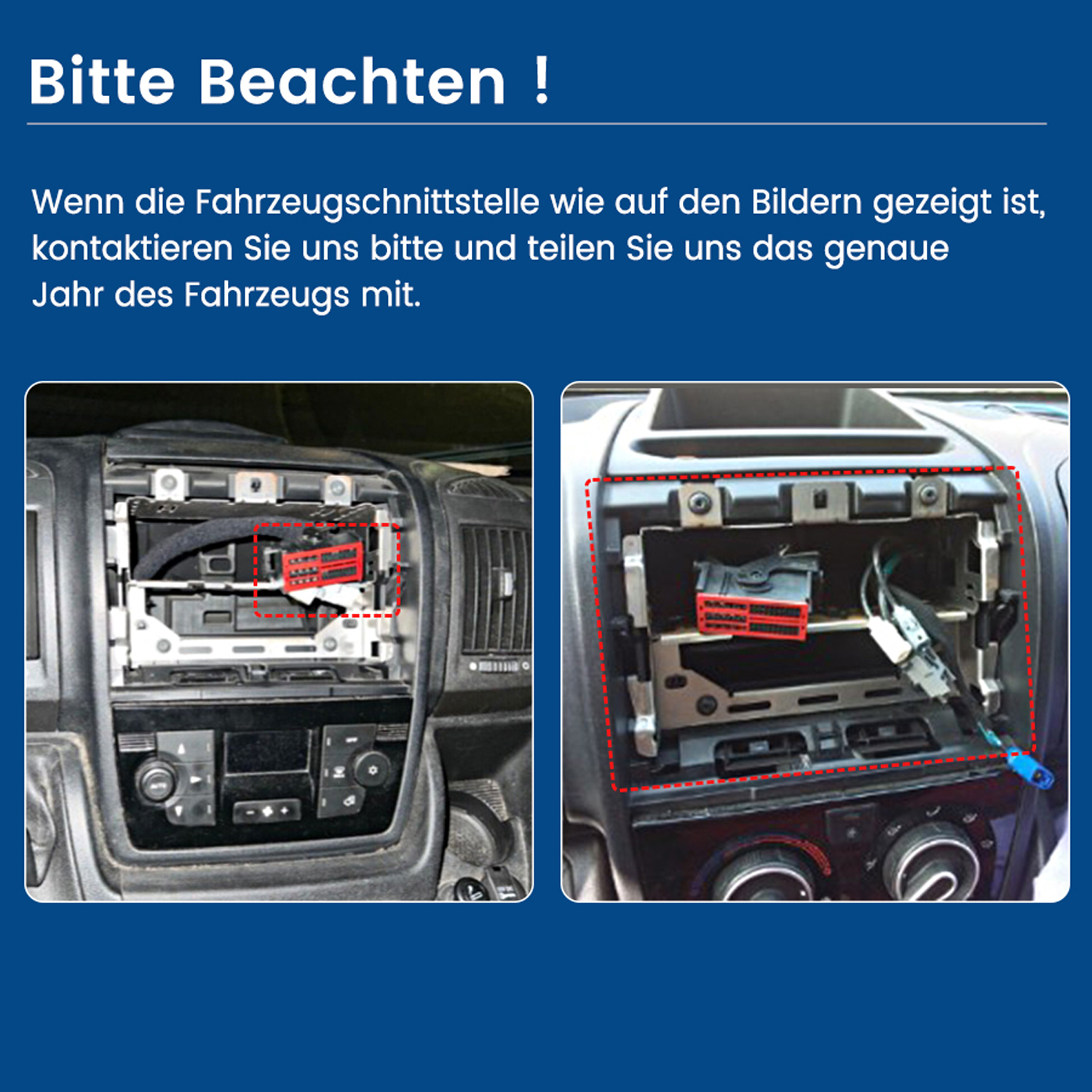 Bilder zeigen Auto-Armaturenbrettabschnitte. Eines zeigt einen roten Stecker, das andere einen roten Steckbereich.