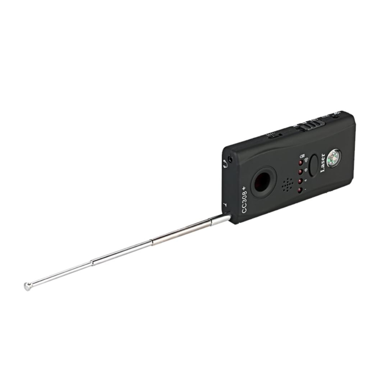 Schwarzes Gerät mit Antenne. Hat Knöpfe und eine Linse. Weißer Hintergrund.