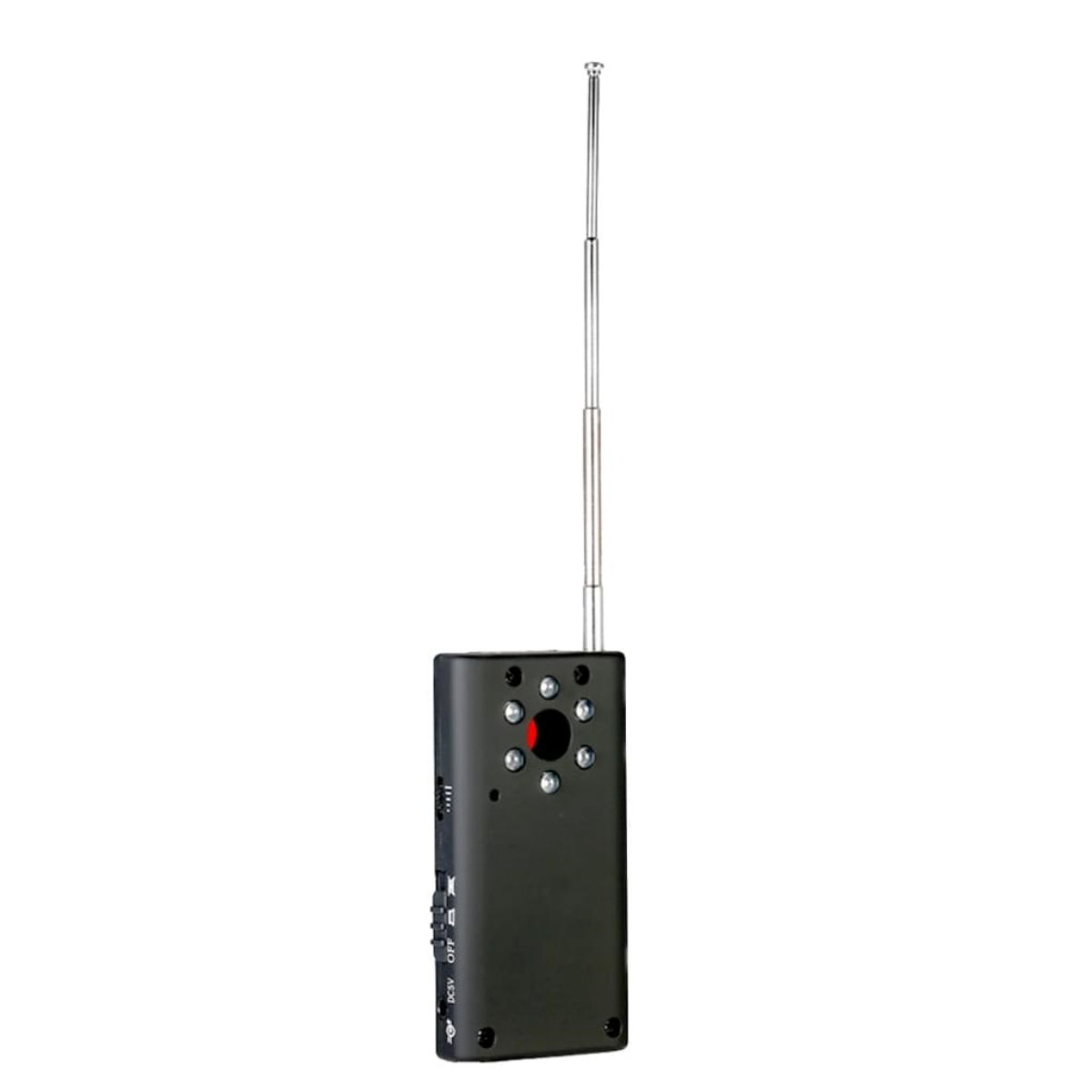 Schwarzer Spionagekamera-Detektor. Antenne ausgefahren. Knöpfe und Lichter. Weißer Hintergrund.
