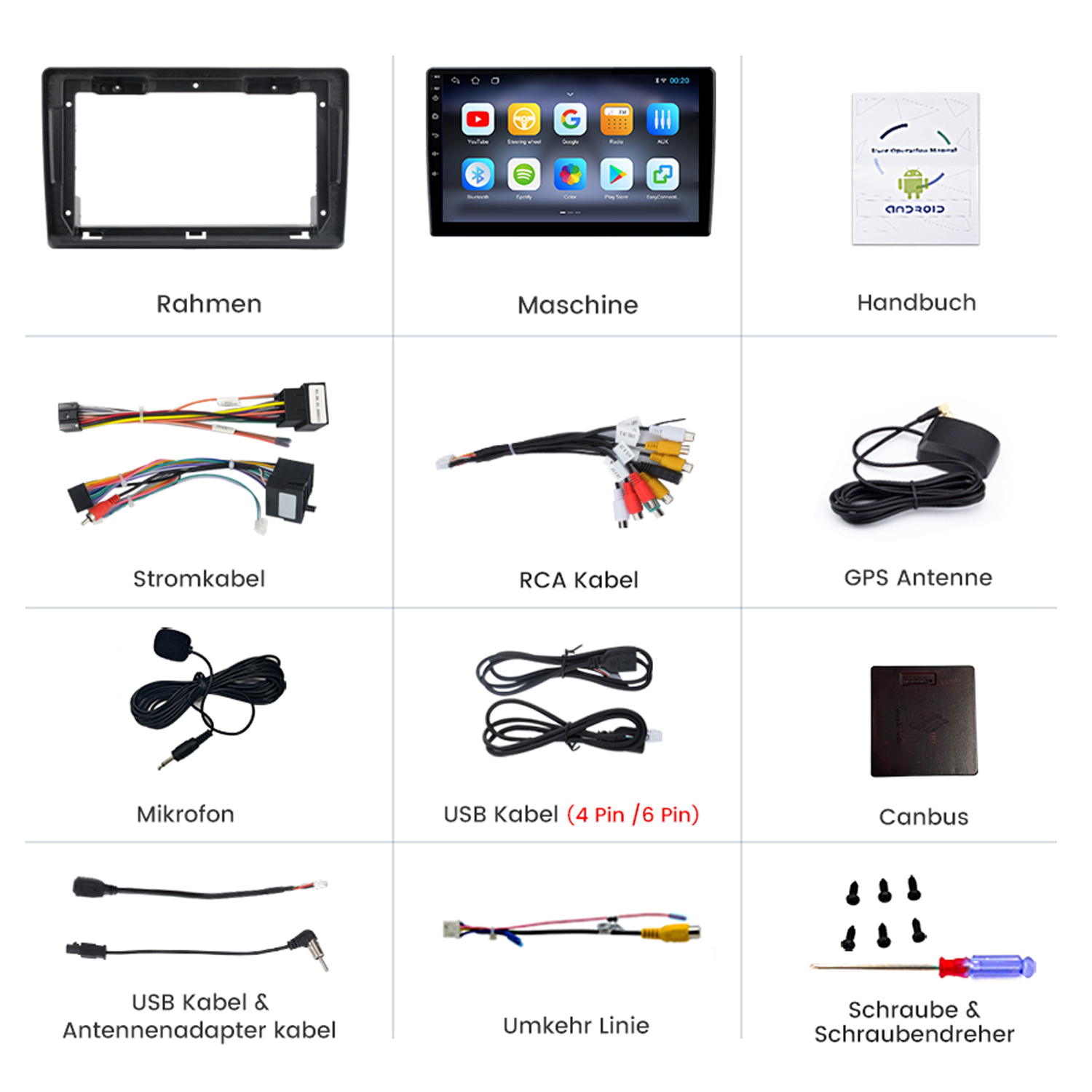 Auto-Stereo-Komponenten. Rahmen, Maschine, Handbuch, Kabel, GPS-Antenne, Mikrofon, USB-Kabel, Schrauben.