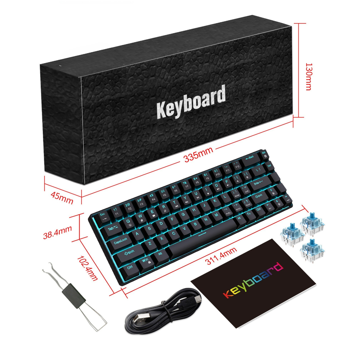 Schwarze Tastatur, Box mit Abmessungen, Tastenkappen, Abzieher, Kabel und Karte. Weißer Hintergrund.