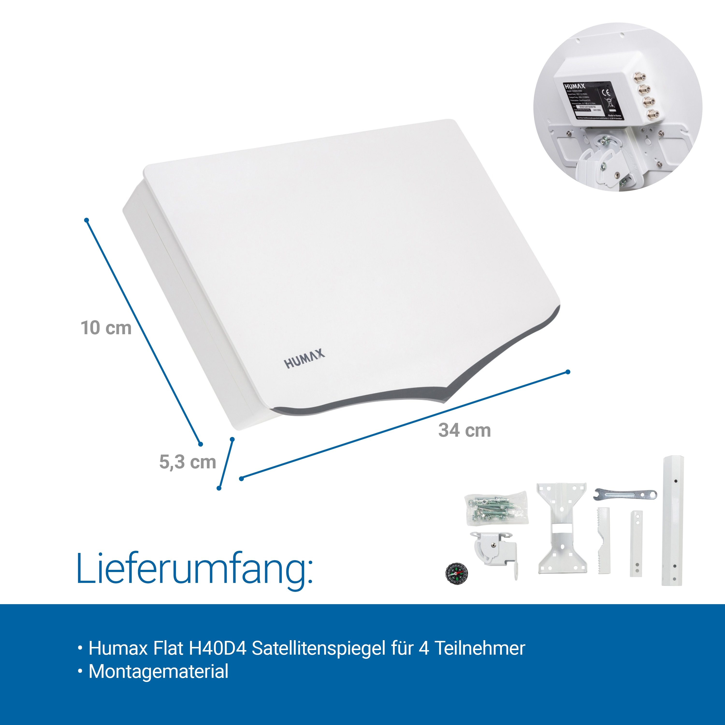 Weiße Humax Satellitenschüssel mit Abmessungen und Montagematerial dargestellt.