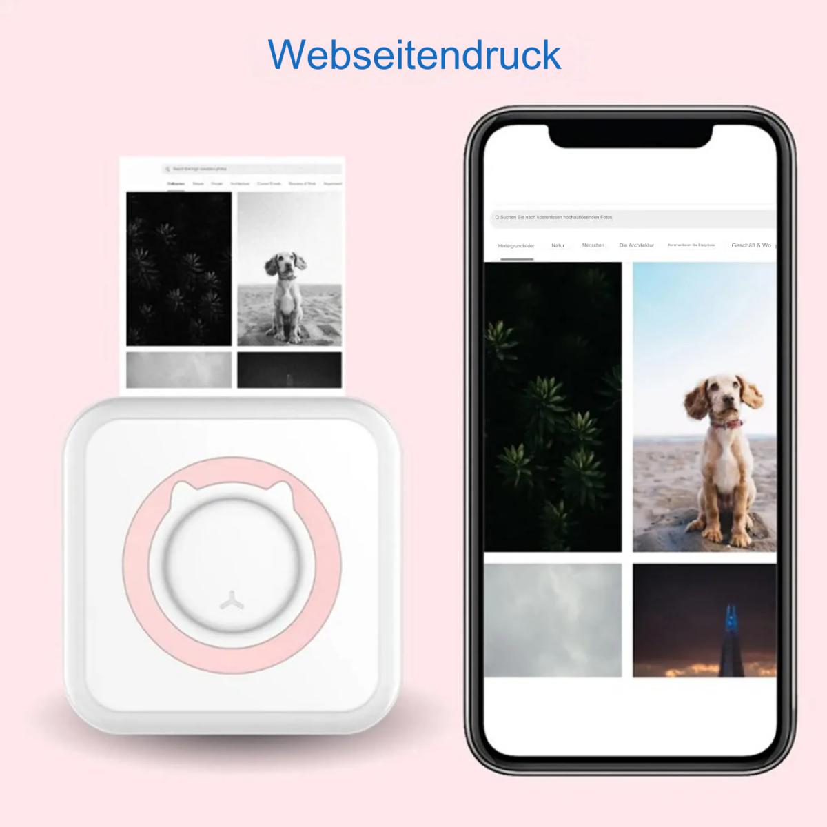 Tragbarer Fotodrucker druckt ein Foto von Hund und Strand. Weißer Hintergrund.