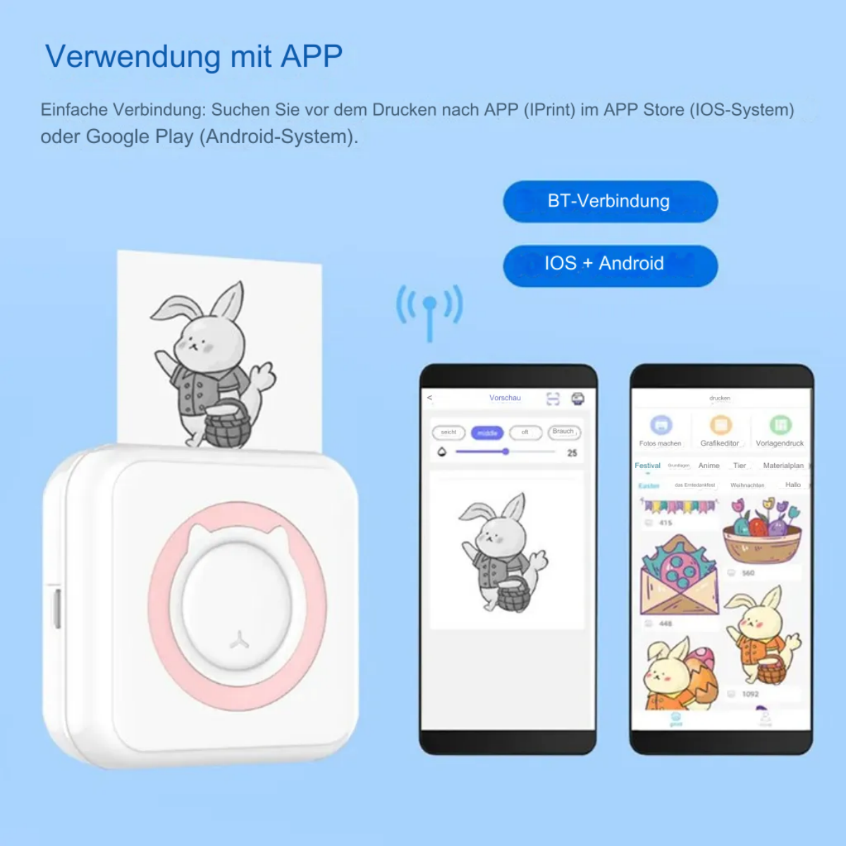 Ein kleiner, weißer Drucker mit Kaninchen-Aufdruck. Zwei Telefone zeigen Druckoptionen.